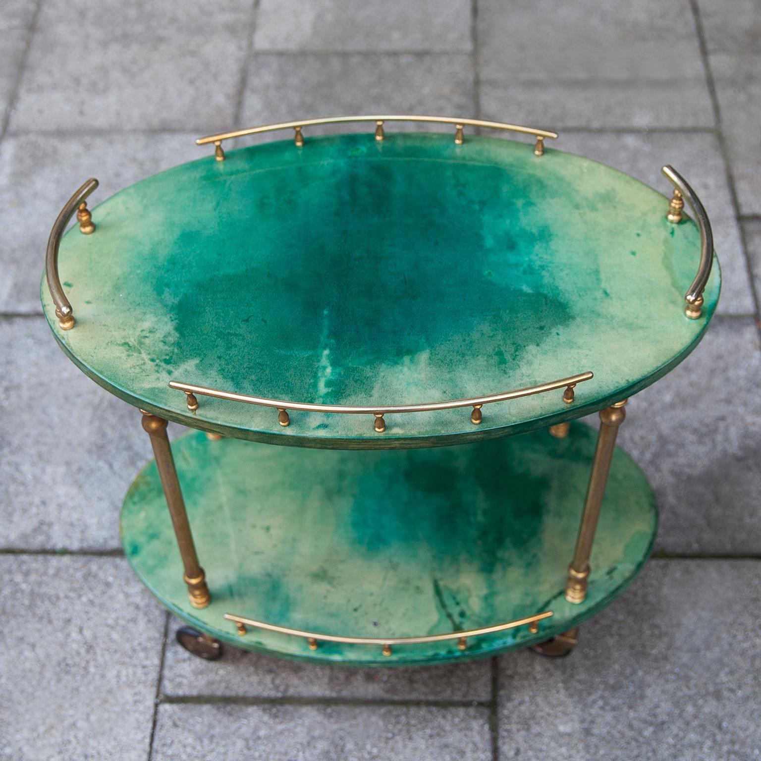 Italian Aldo Tura Oval Green Goatskin Bar Cart