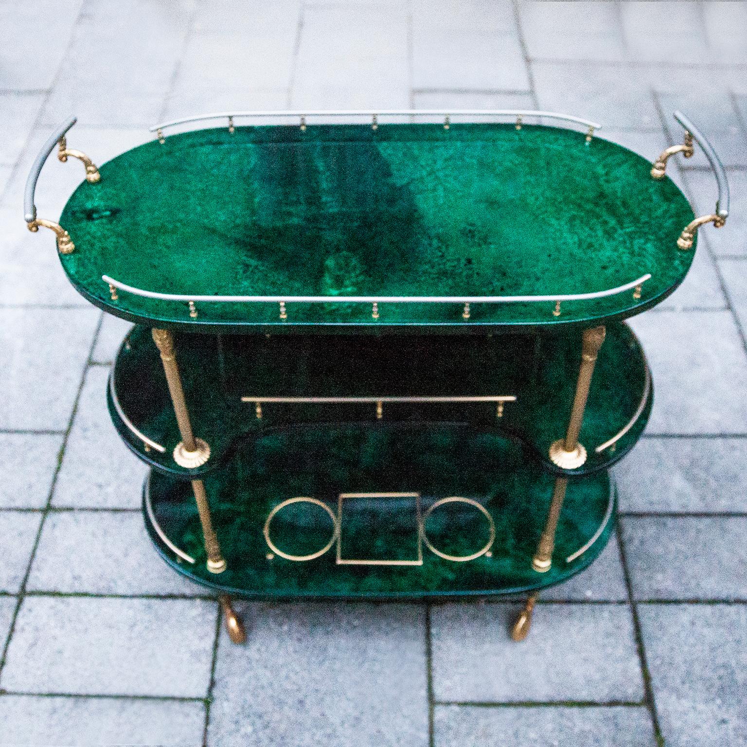 Italian Aldo Tura Oval Green Three-Story Bar Cart