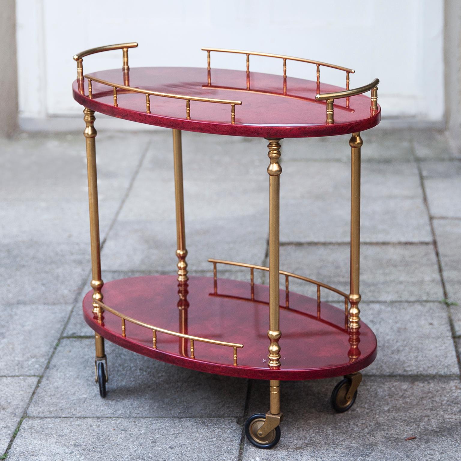 Italian Aldo Tura Oval Red Goatskin Bar Cart