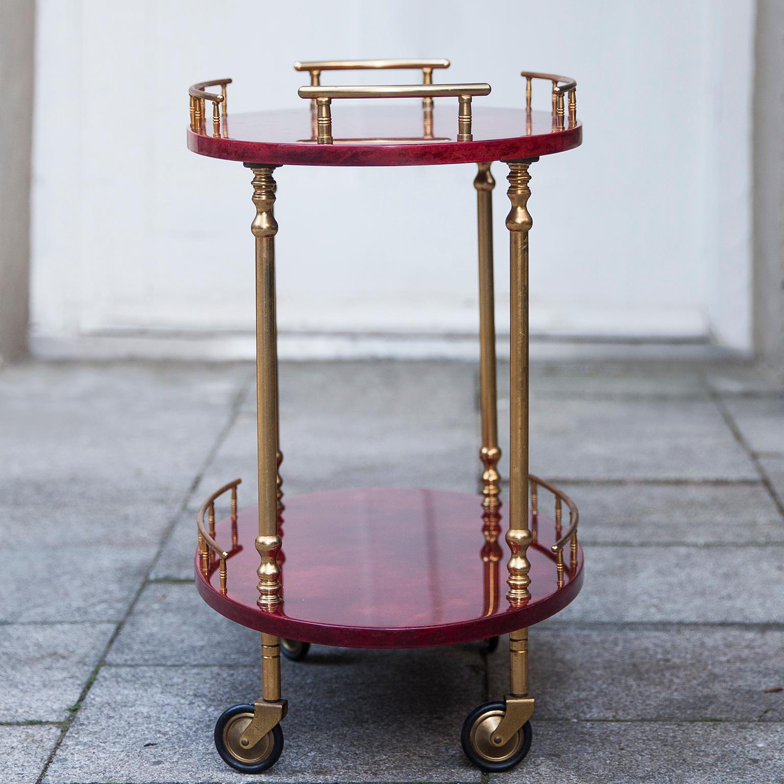 Aldo Tura Oval Red Goatskin Bar Cart In Excellent Condition In Munich, DE
