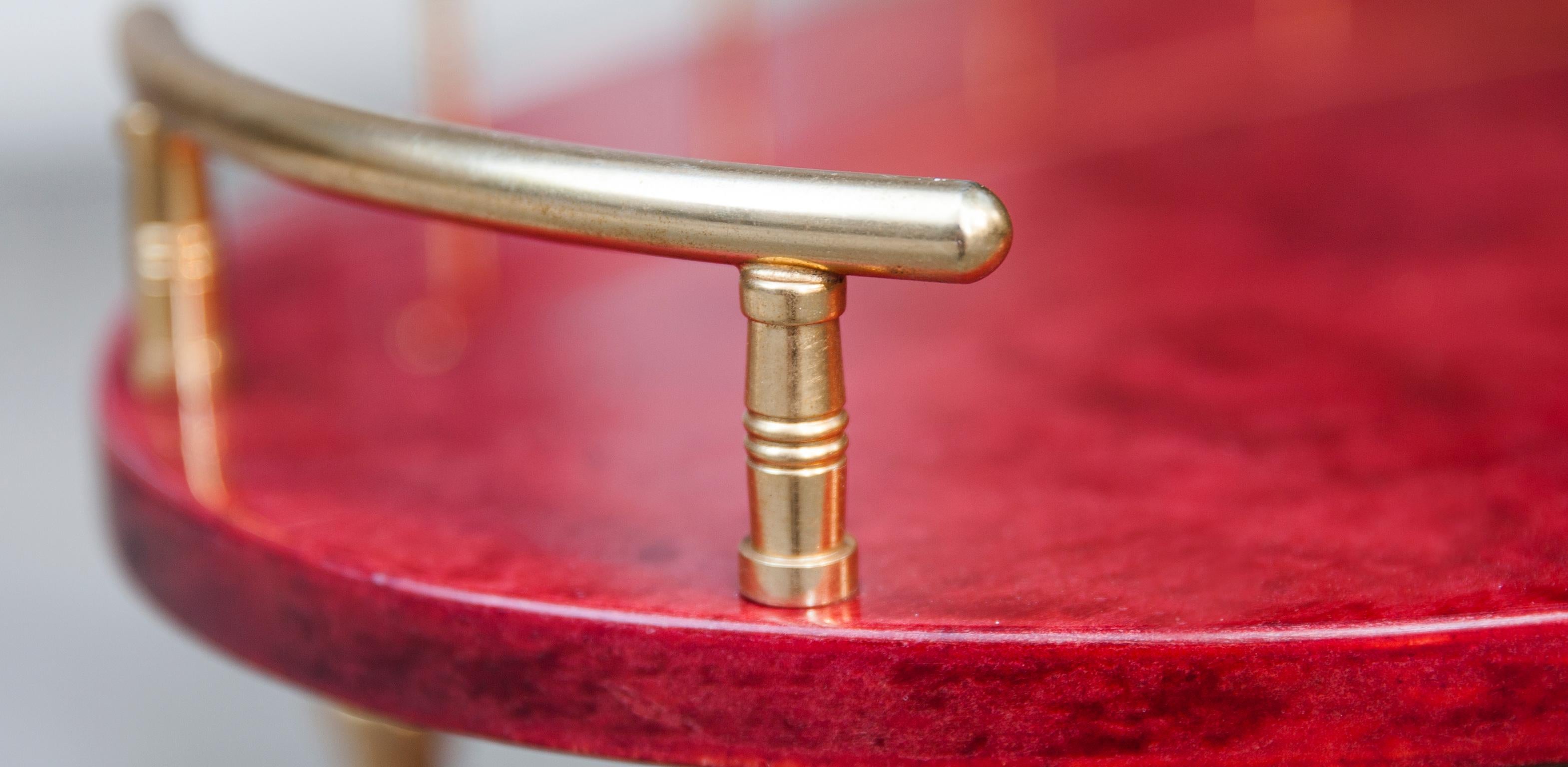 Brass Aldo Tura Oval Red Goatskin Bar Cart