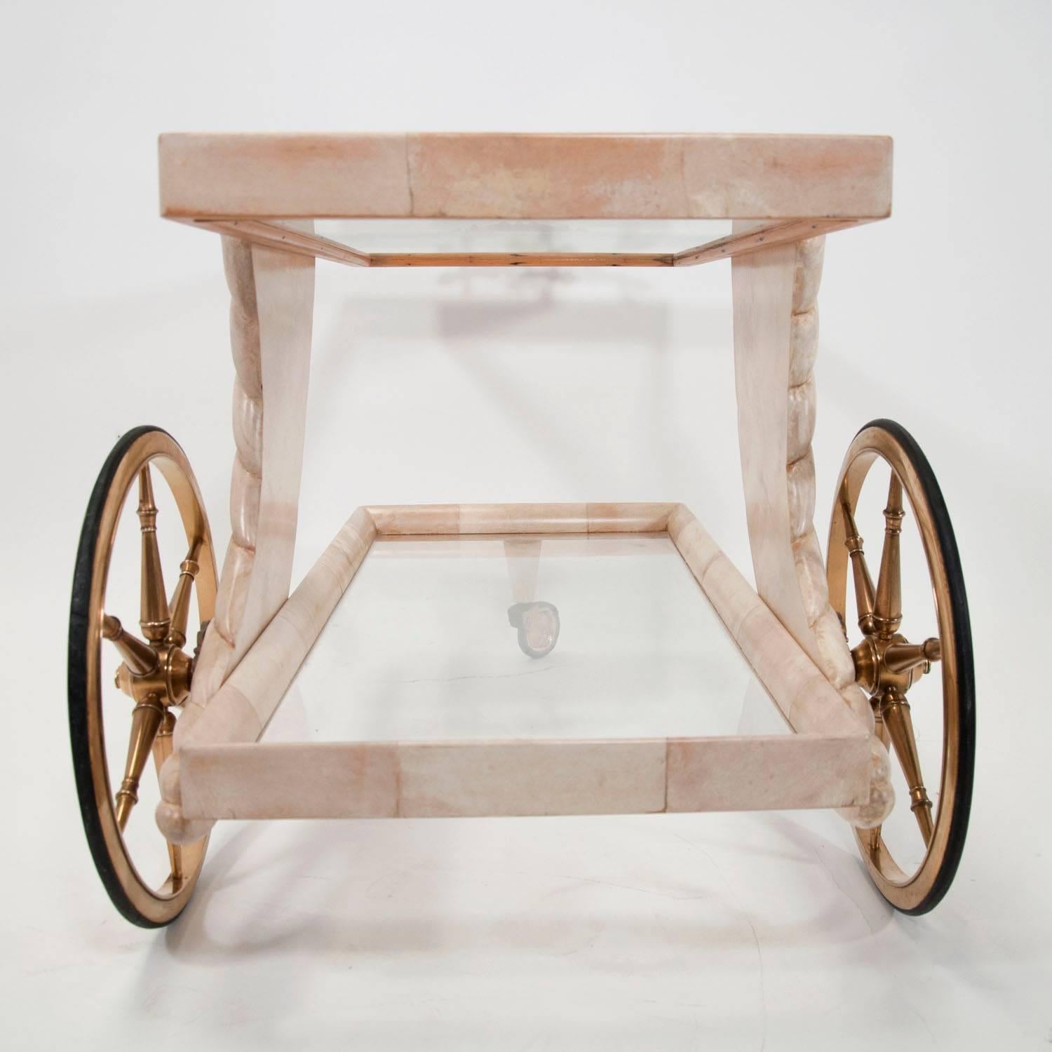 Aldo Tura Parchment Bar Cart with Brass Cornucopia In Good Condition For Sale In Palm Springs, CA
