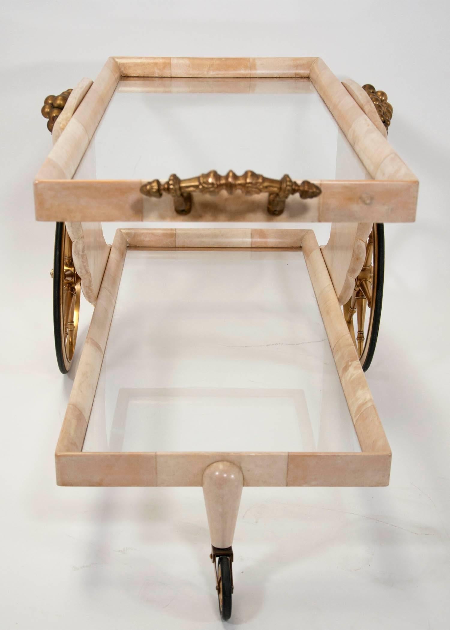 Aldo Tura Parchment Bar Cart with Brass Cornucopia For Sale 1