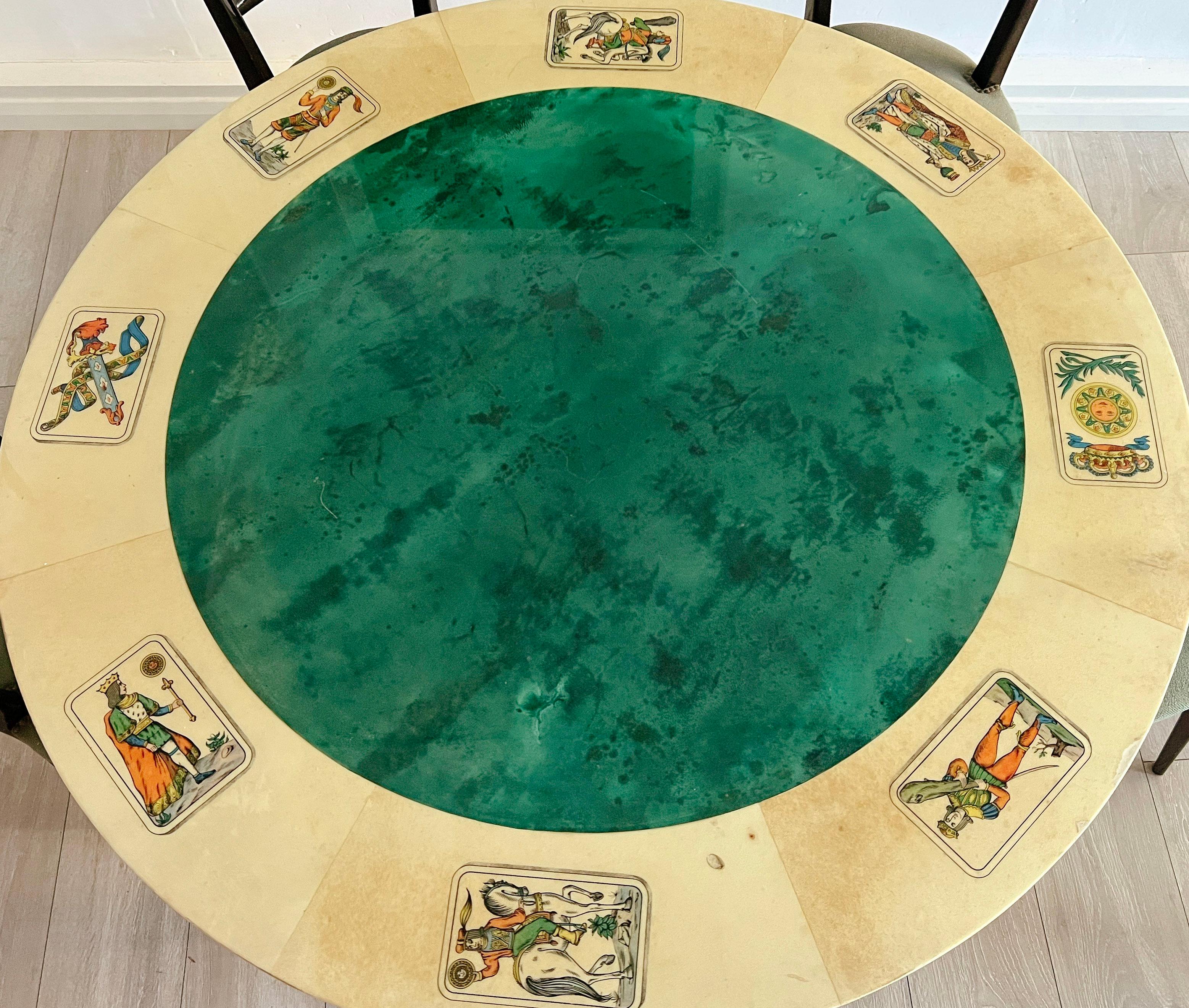 Mid-Century Modern Aldo Tura, parchment Card table with four matching Chiavari Chairs, 1950s Italy