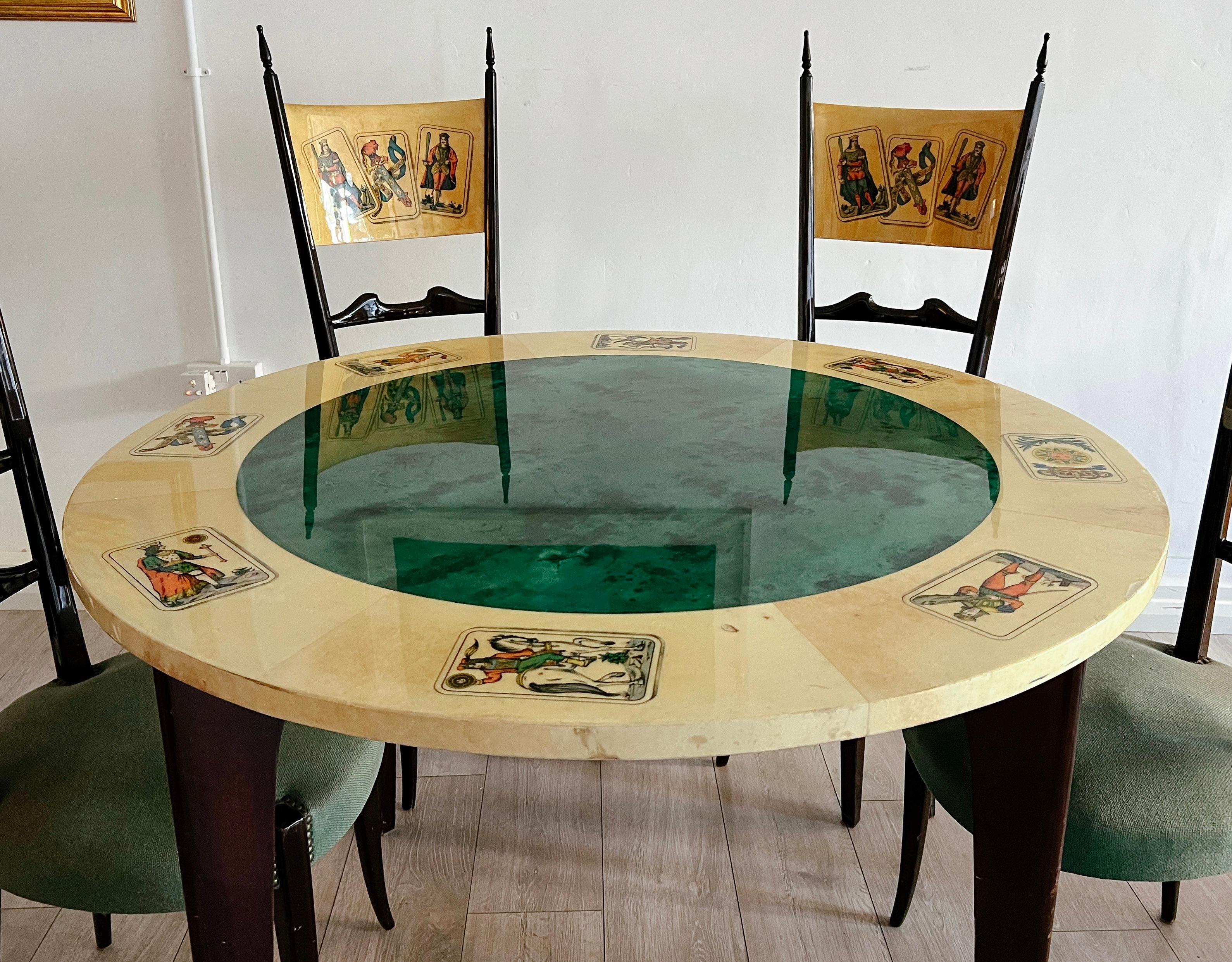 Italian Aldo Tura, parchment Card table with four matching Chiavari Chairs, 1950s Italy