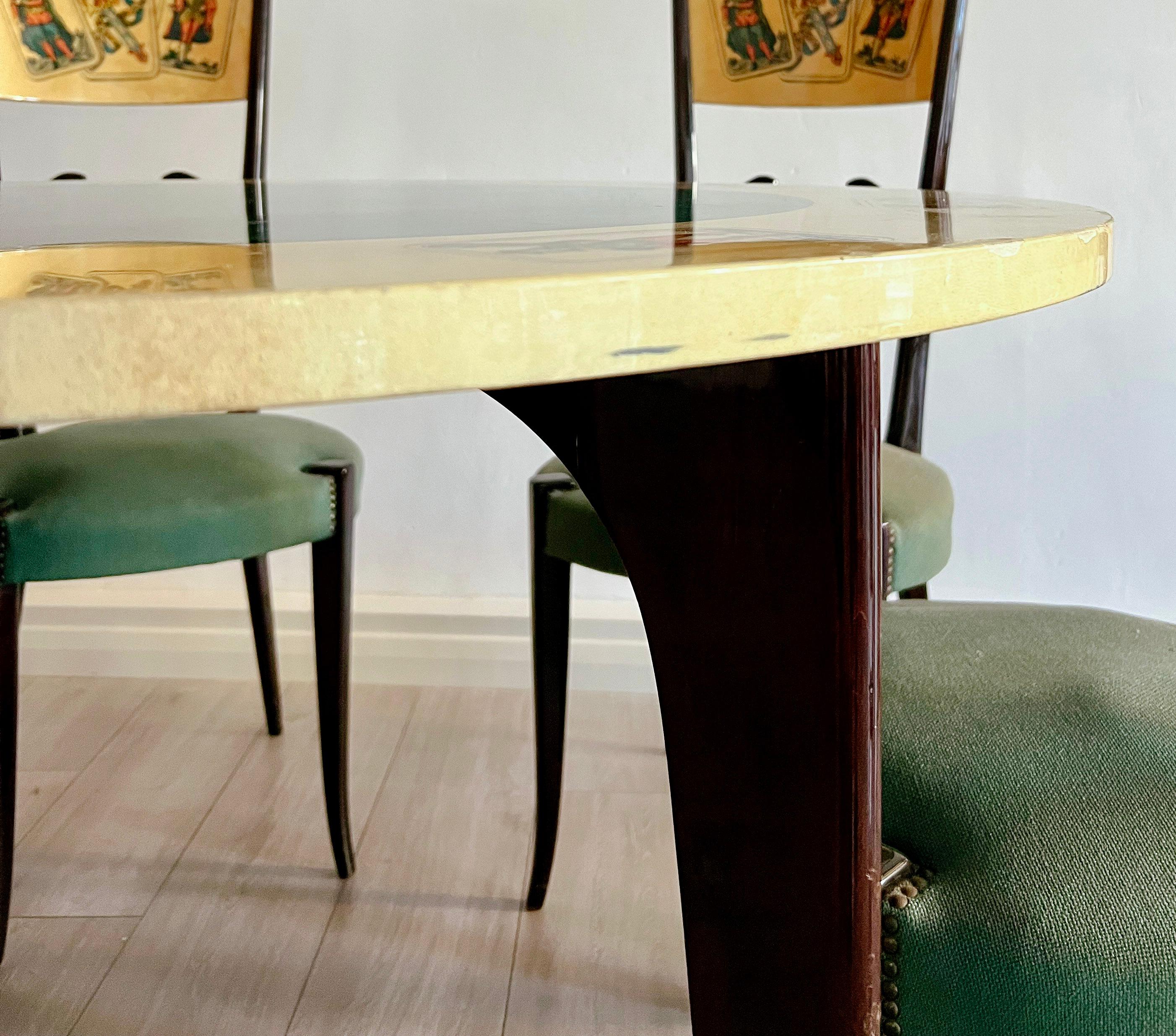 Lacquered Aldo Tura, parchment Card table with four matching Chiavari Chairs, 1950s Italy