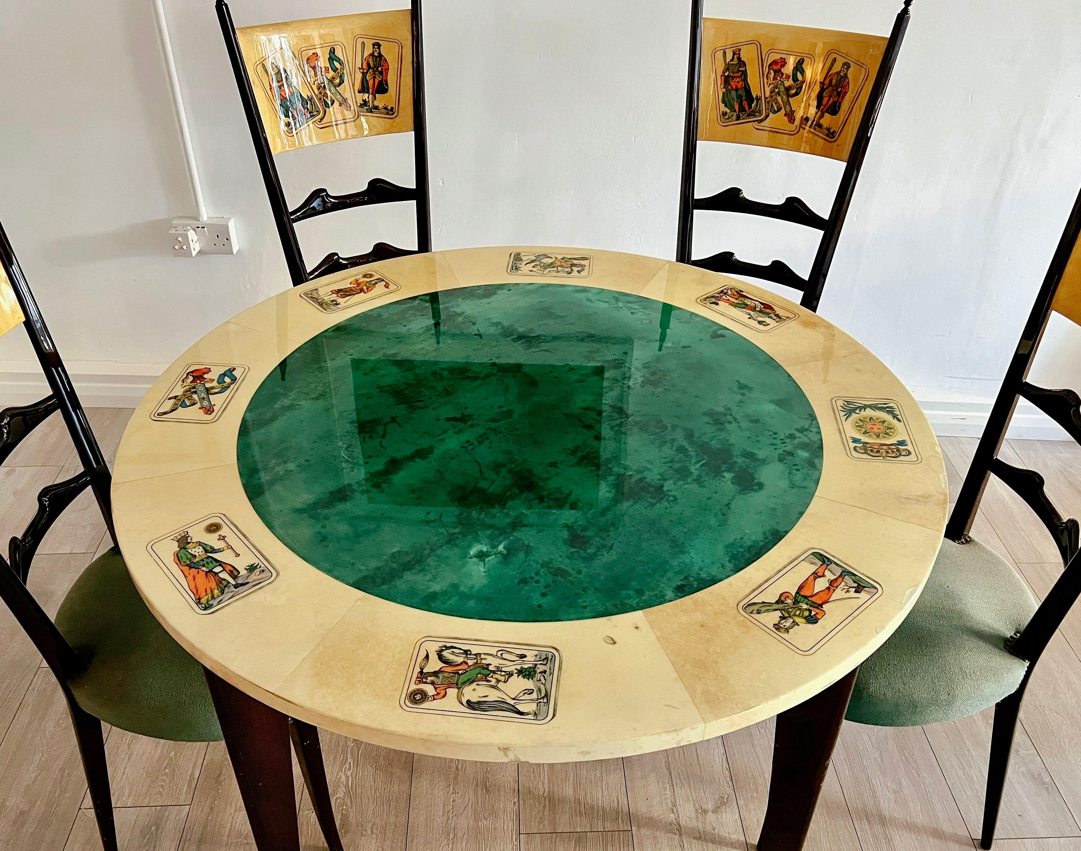 20th Century Aldo Tura, parchment Card table with four matching Chiavari Chairs, 1950s Italy