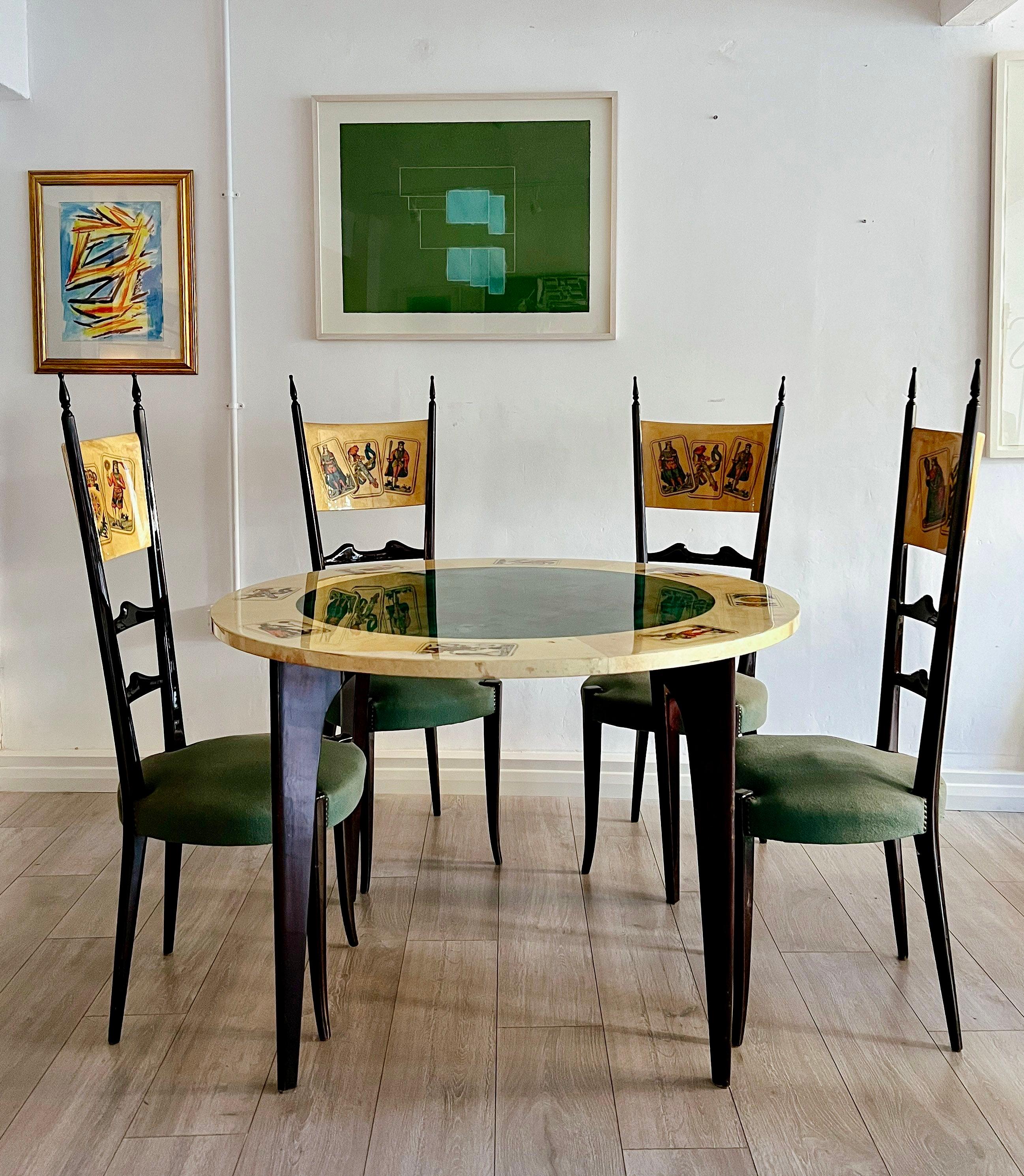 Goatskin Aldo Tura, parchment Card table with four matching Chiavari Chairs, 1950s Italy