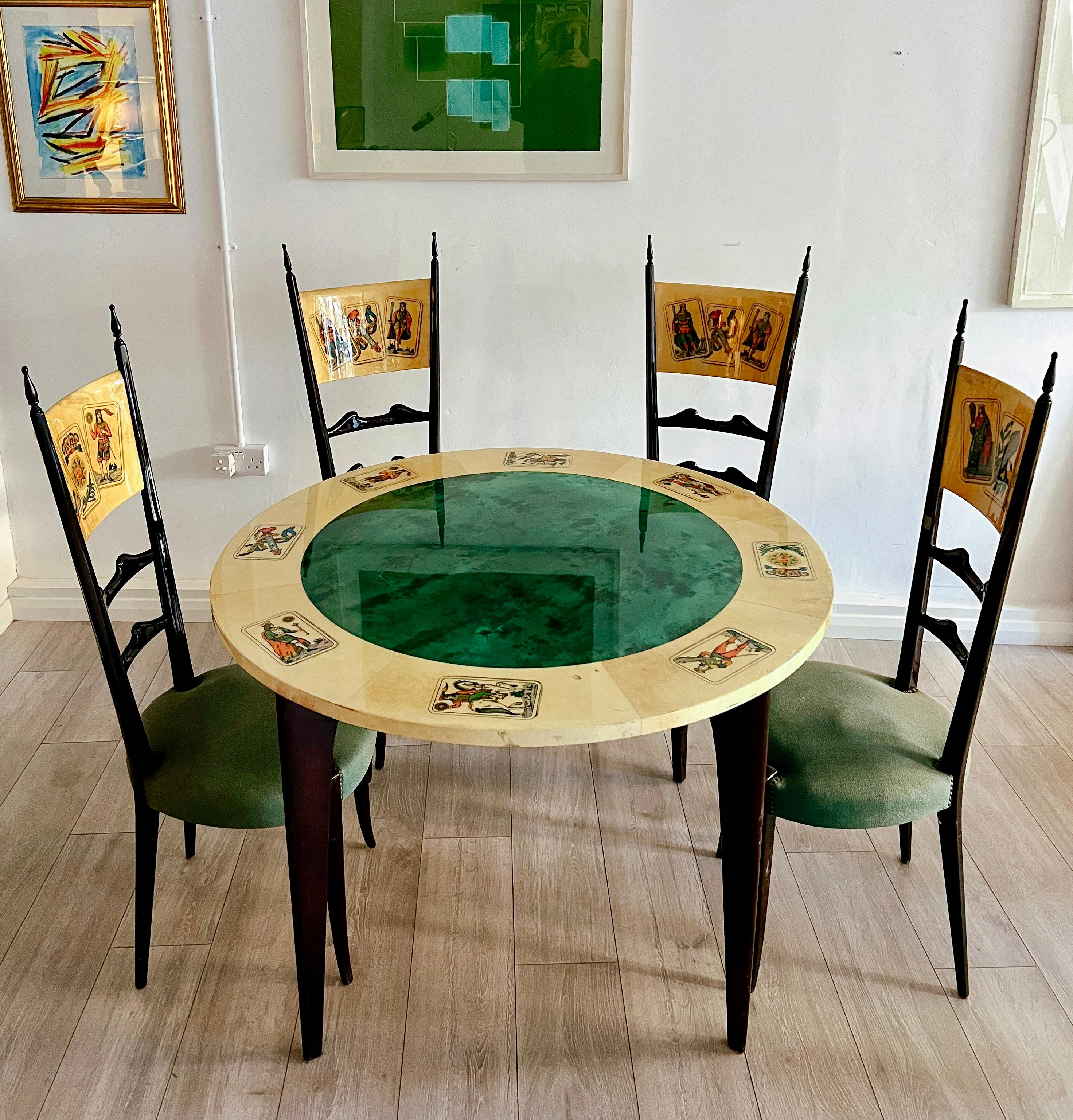 Aldo Tura, parchment Card table with four matching Chiavari Chairs, 1950s Italy 1