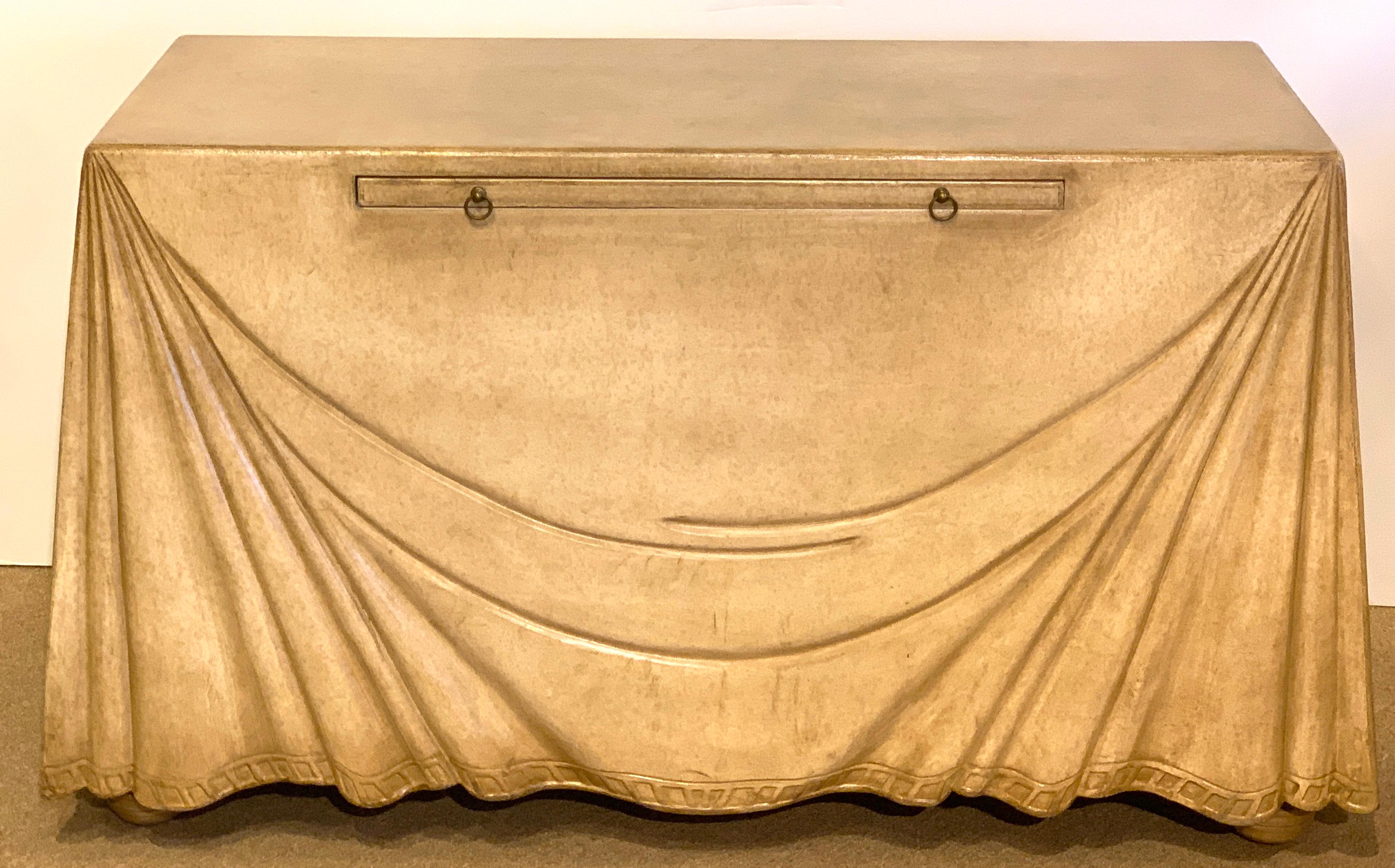 Stunning Aldo Tura Parchment leather Trompe l'oeil Draped console with pullout writing slide. The realistically carved case completely covered in subtle parchment leather.