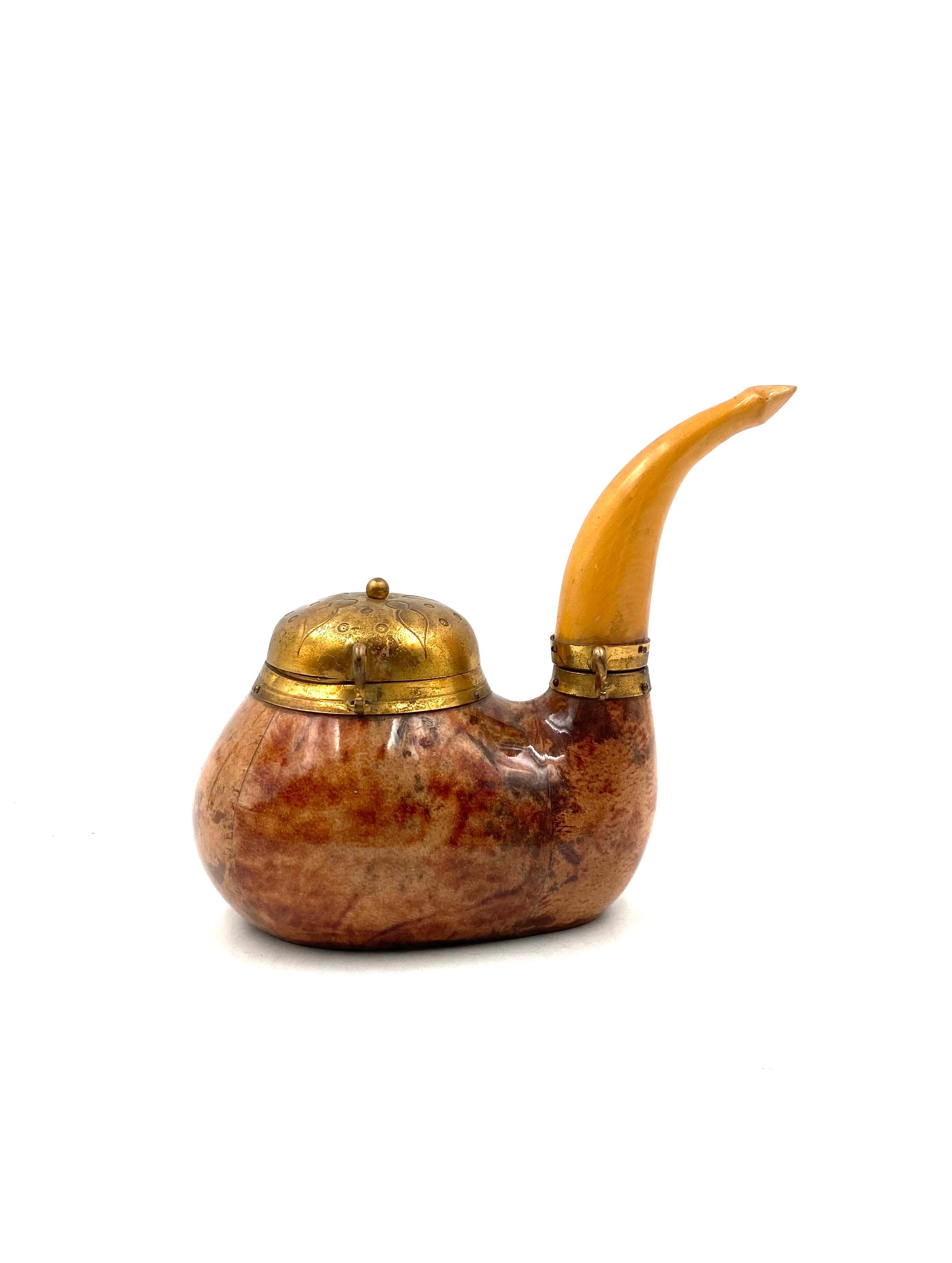 Brass Aldo Tura, Pipe Shaped Parchment Tobacco Box, Macabo Italy 1950s For Sale