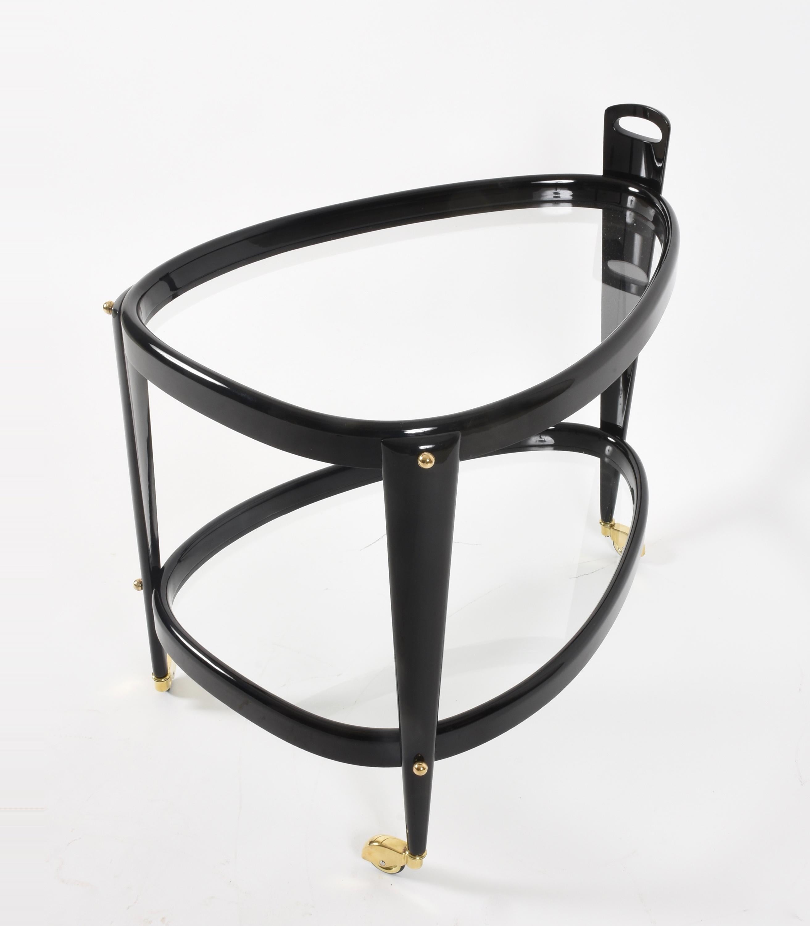 Aldo Tura Rare Italian Cart Bar, Oval, Brass and Ebonized Wood, Italy, 1950s 3