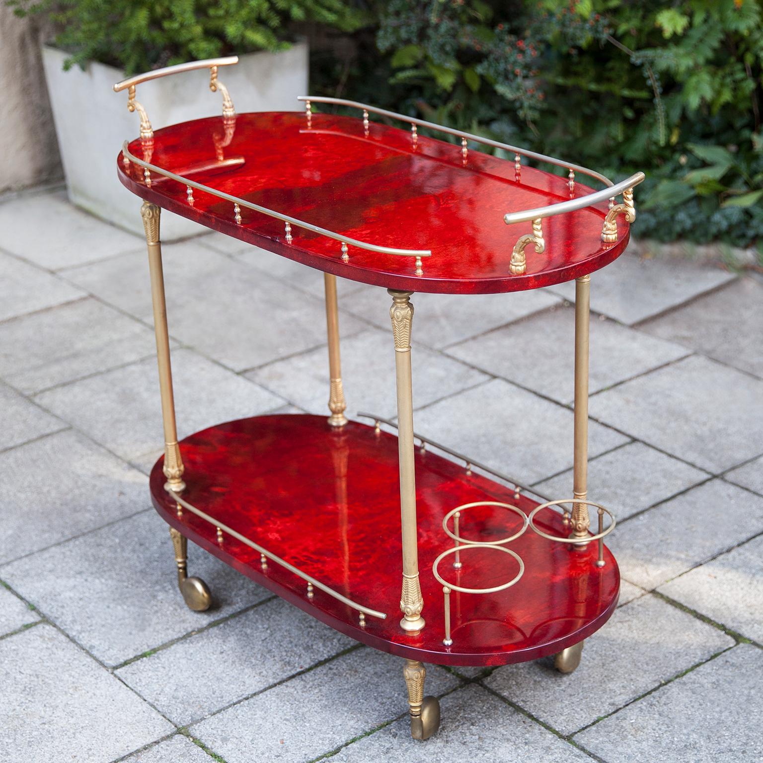 Hollywood Regency Aldo Tura Red Goatskin Bar Cart