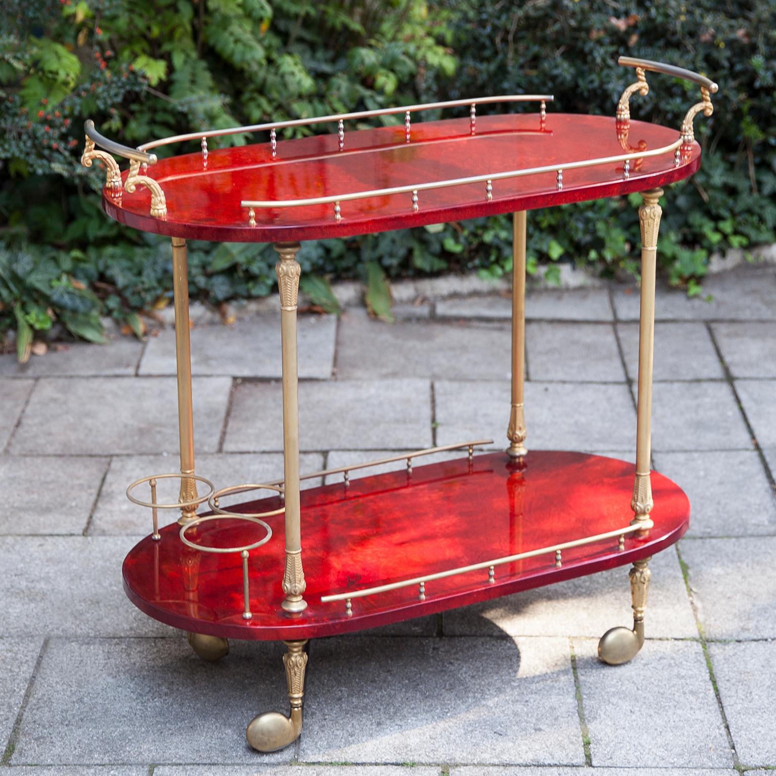 Italian Aldo Tura Red Goatskin Bar Cart
