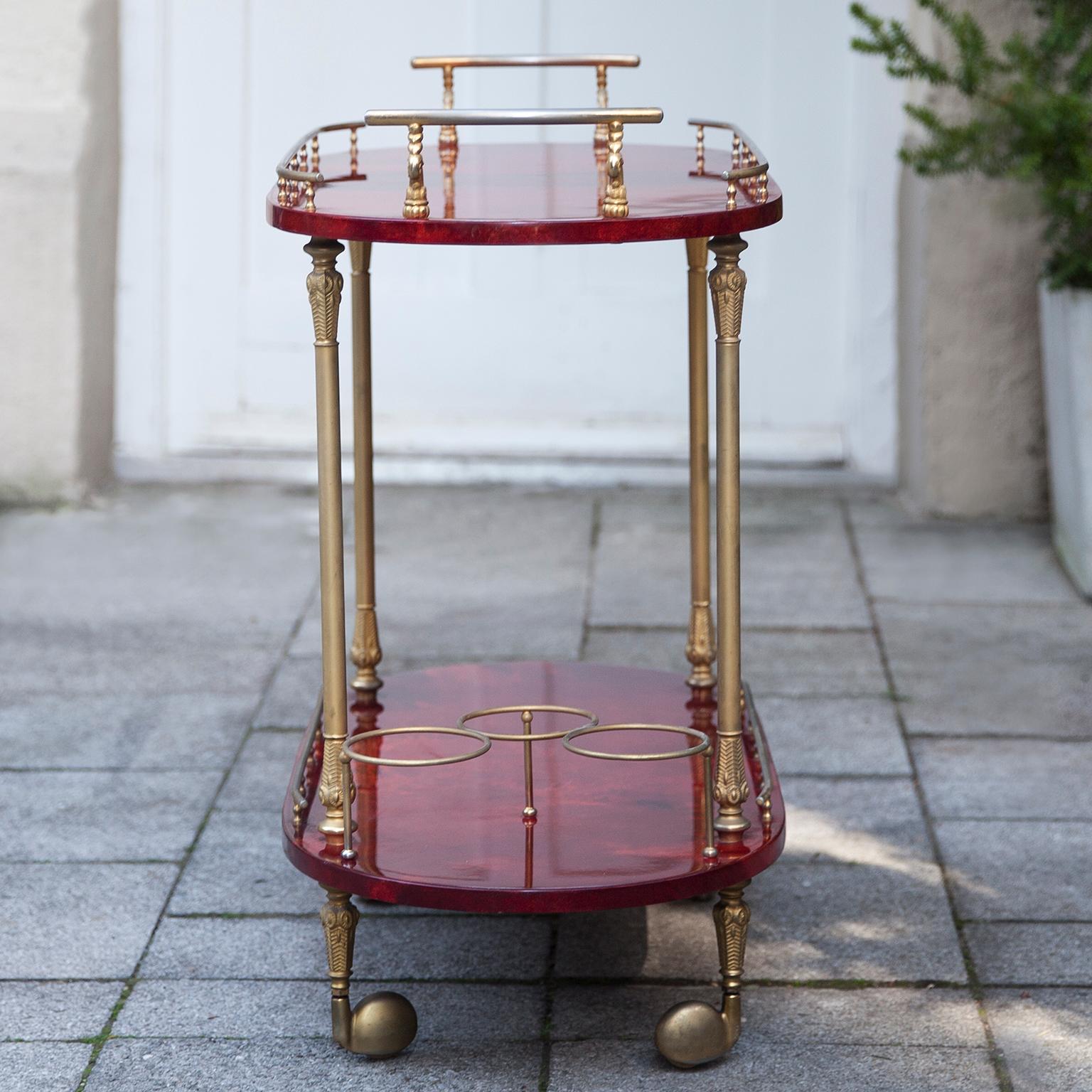 Aldo Tura Red Goatskin Bar Cart In Excellent Condition In Munich, DE