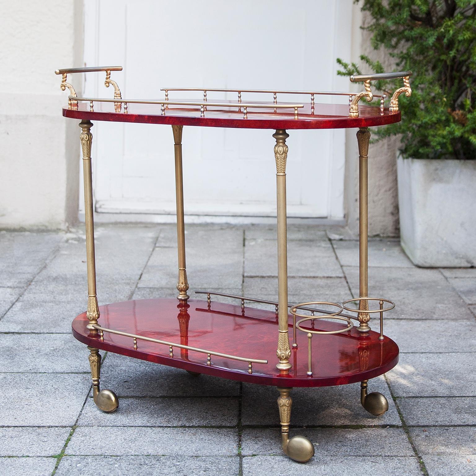 Mid-20th Century Aldo Tura Red Goatskin Bar Cart