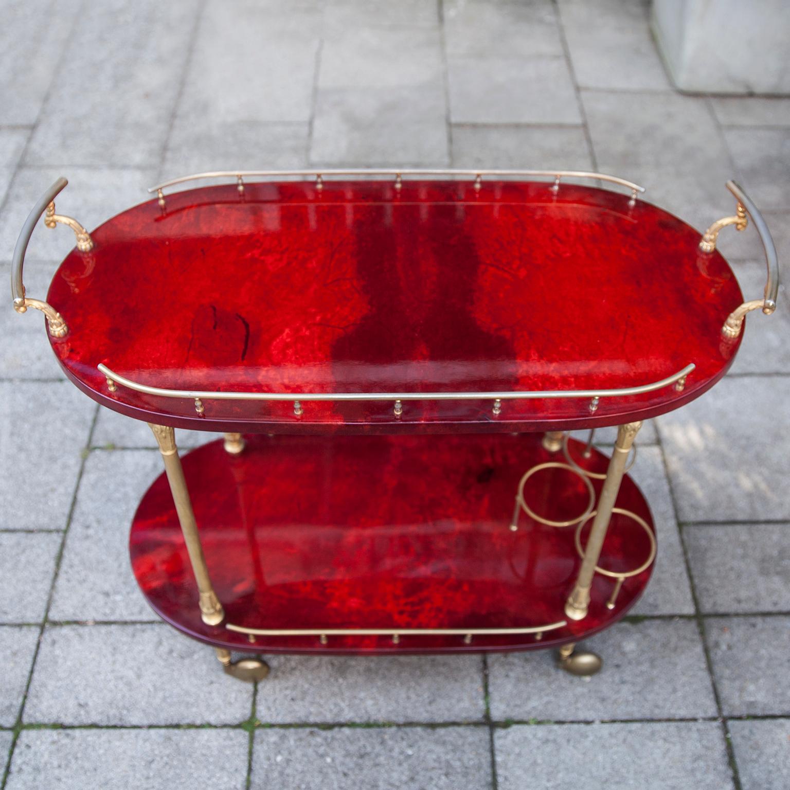 Brass Aldo Tura Red Goatskin Bar Cart
