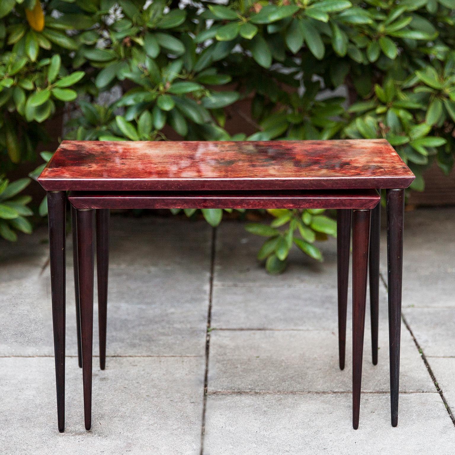 Lacquered Aldo Tura Red Goatskin Nesting Tables, Italy, 1960s