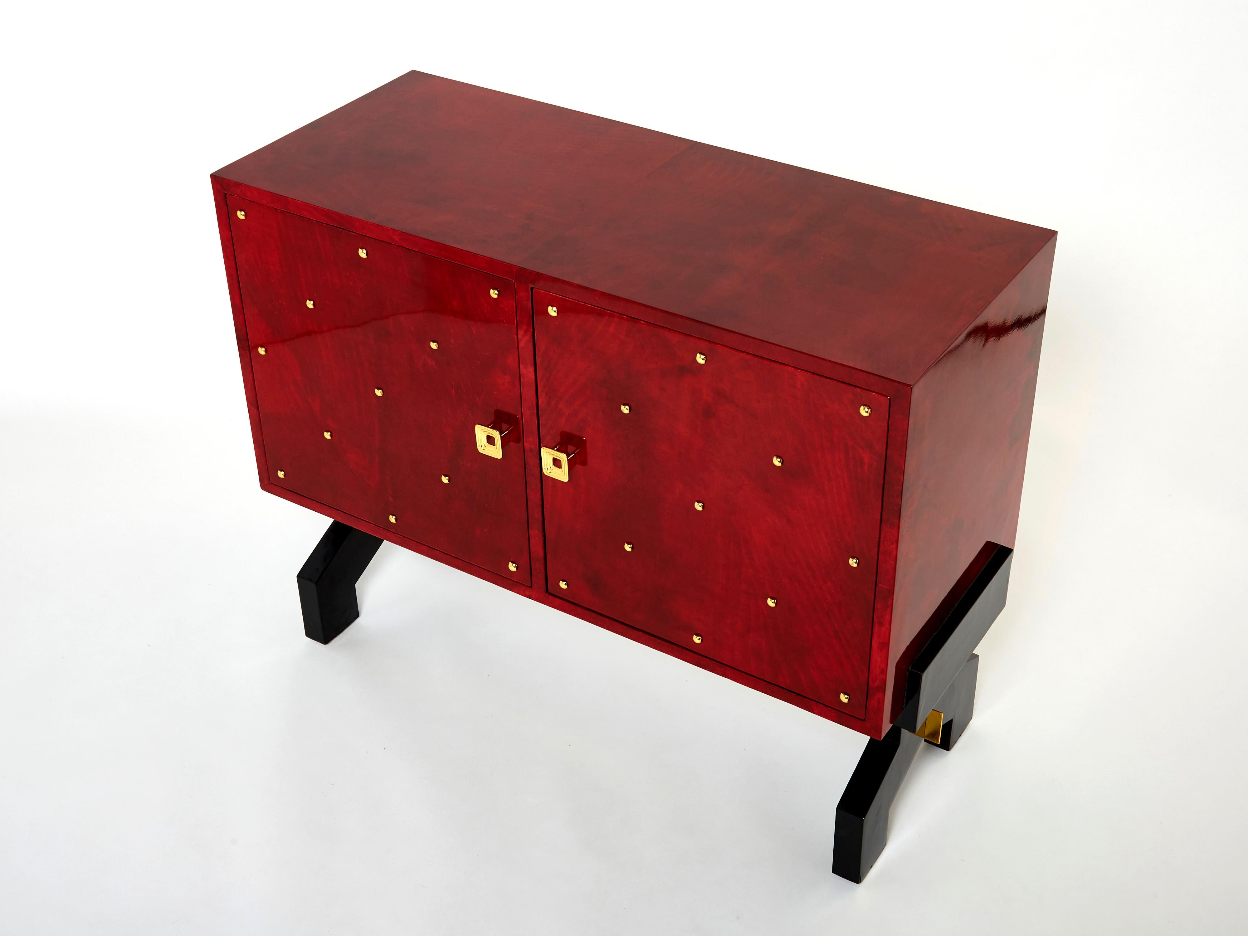 Mid-Century Modern Aldo Tura Red Goatskin Parchment Brass Cabinet Bar, 1960s For Sale