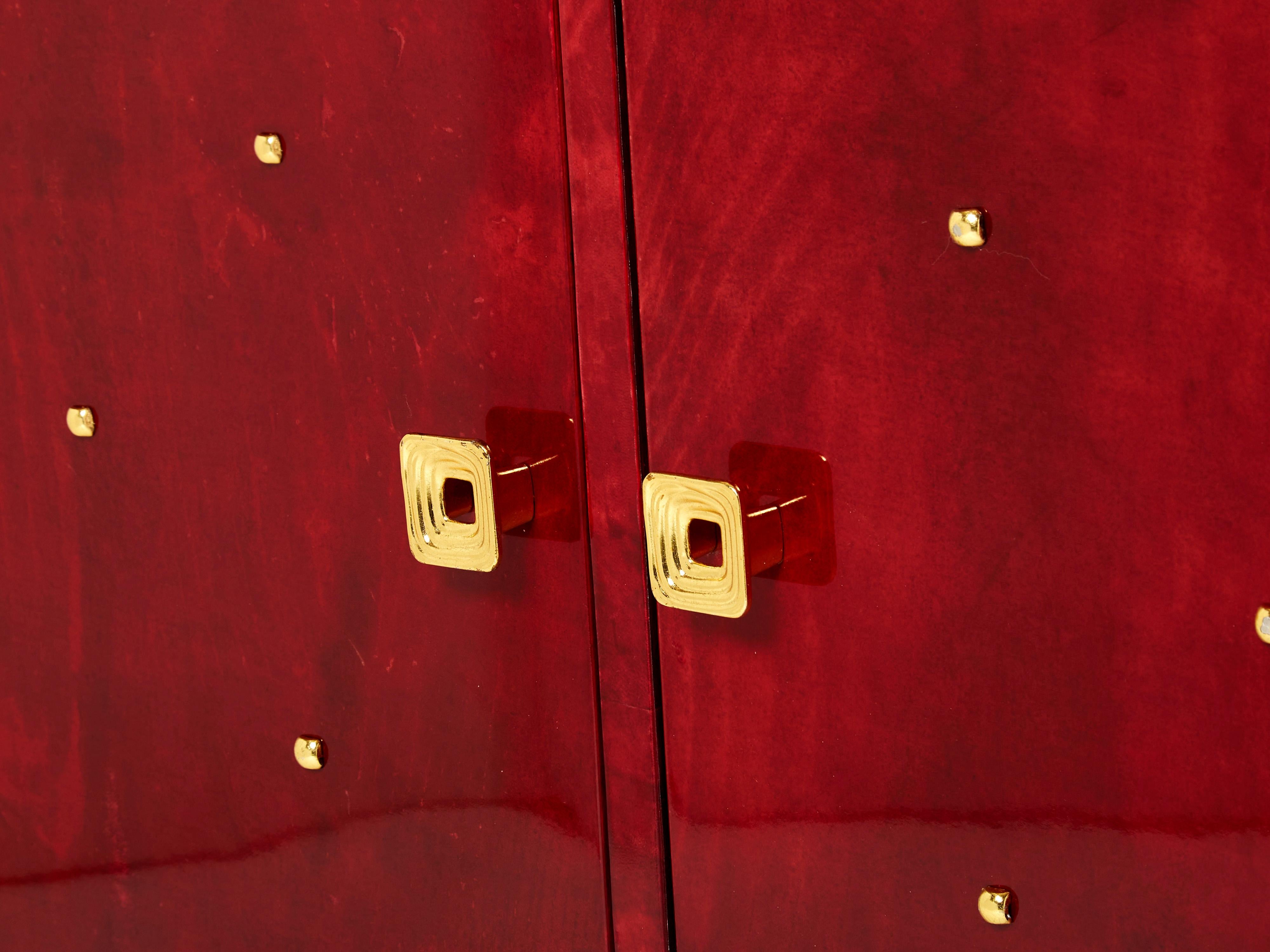 Italian Aldo Tura Red Goatskin Parchment Brass Cabinet Bar, 1960s For Sale