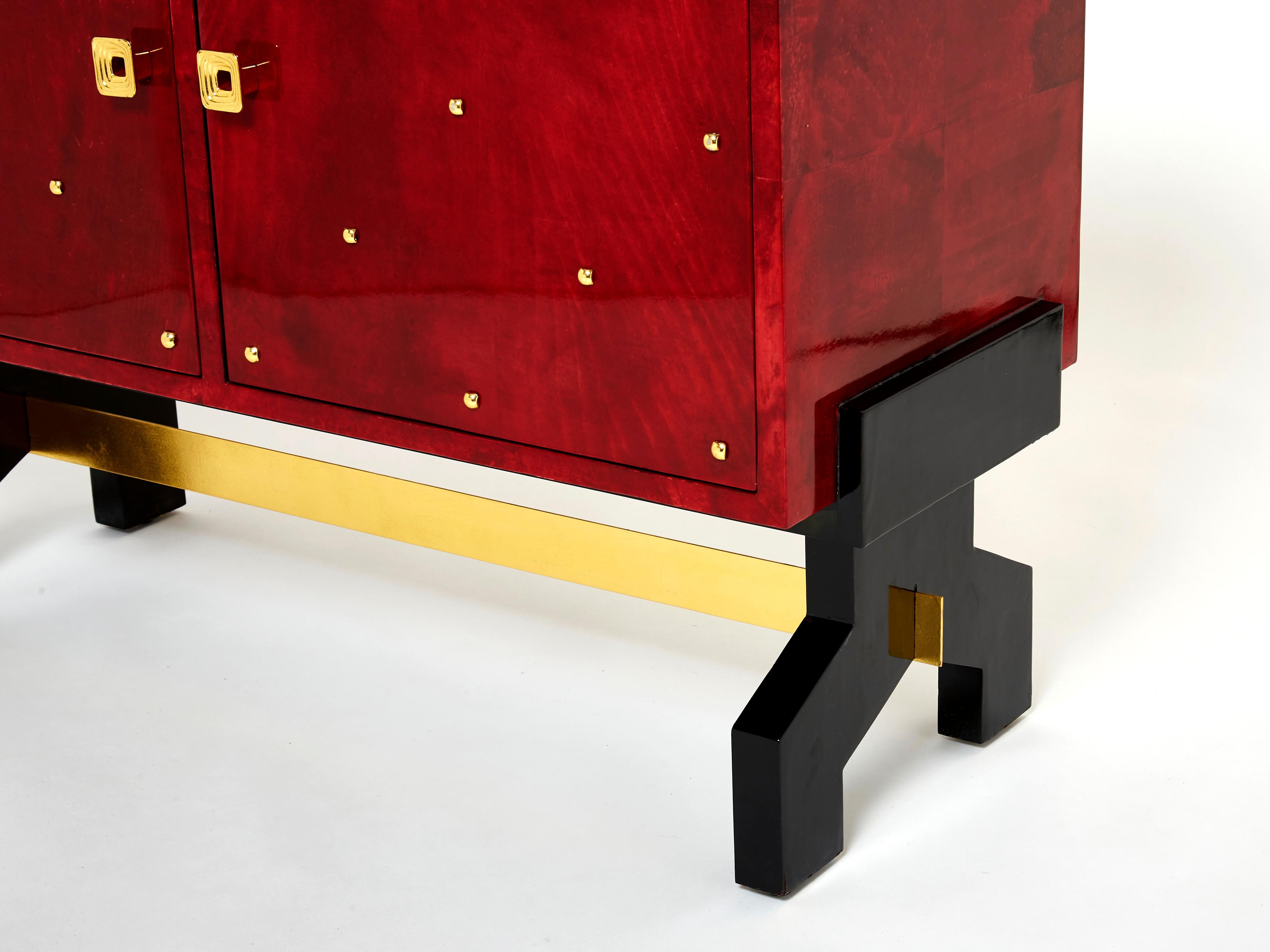 Mid-20th Century Aldo Tura Red Goatskin Parchment Brass Cabinet Bar, 1960s For Sale