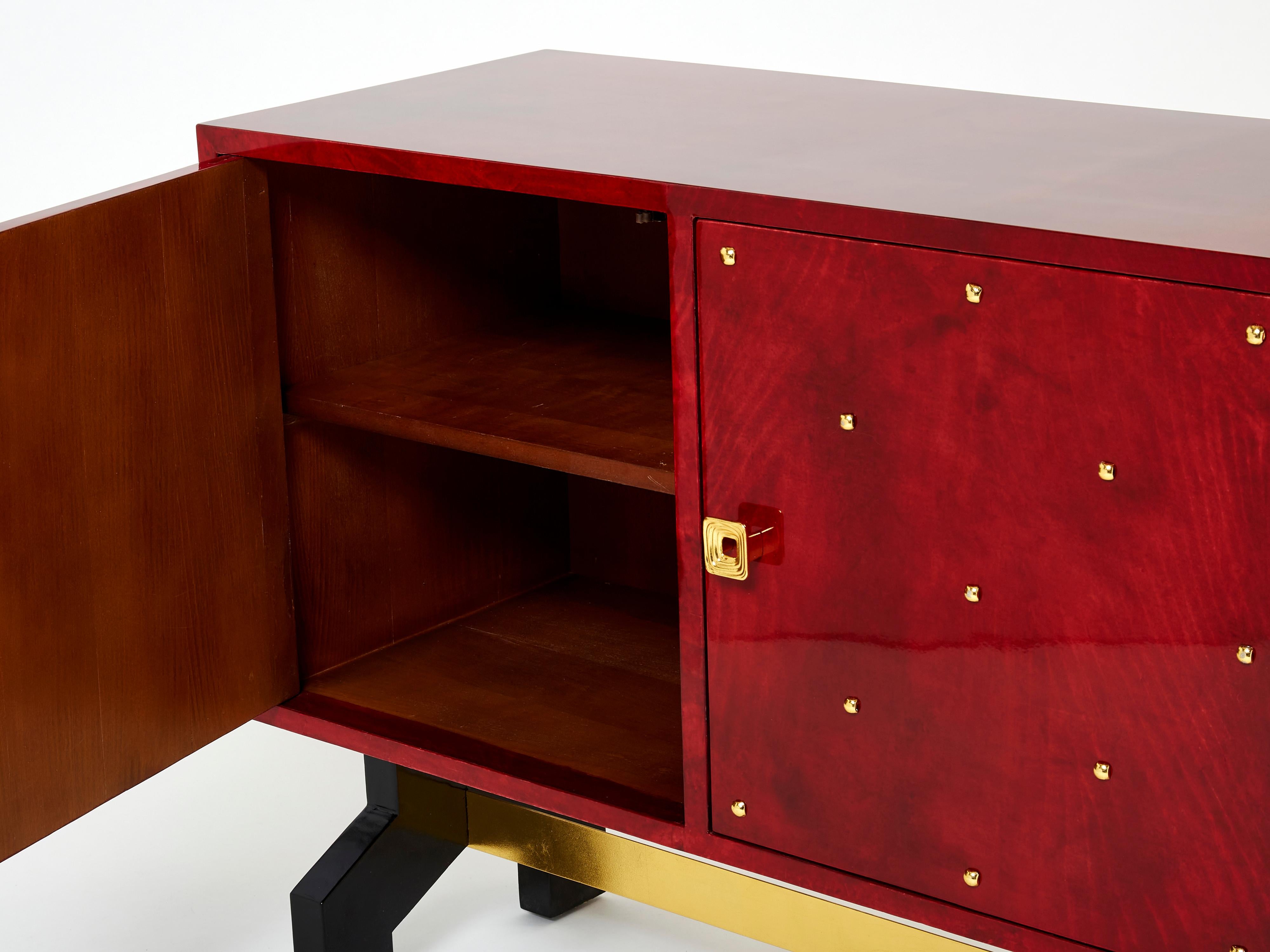 Aldo Tura Red Goatskin Parchment Brass Cabinet Bar, 1960s For Sale 1