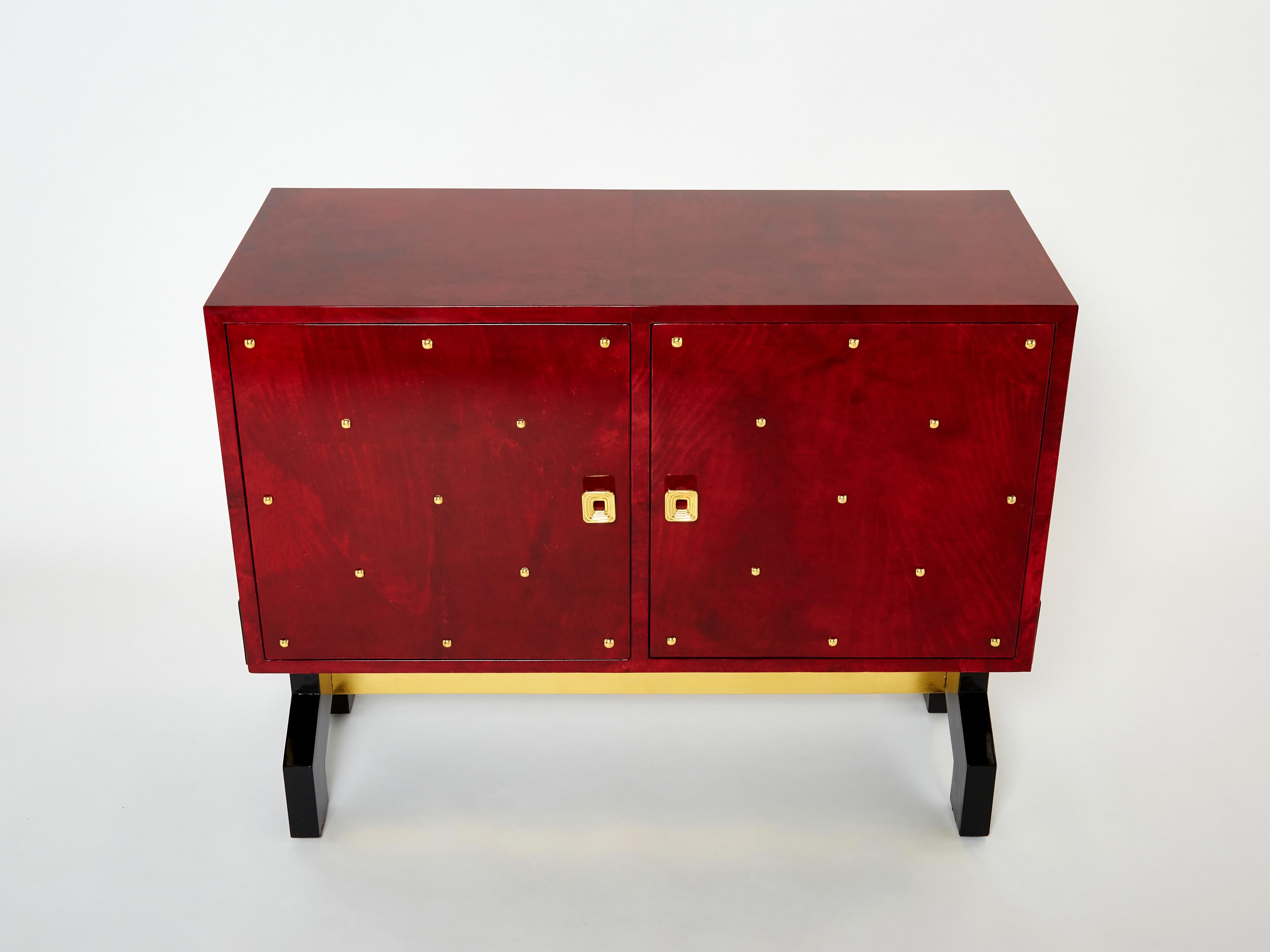 Aldo Tura Red Goatskin Parchment Brass Cabinet Bar, 1960s For Sale 2