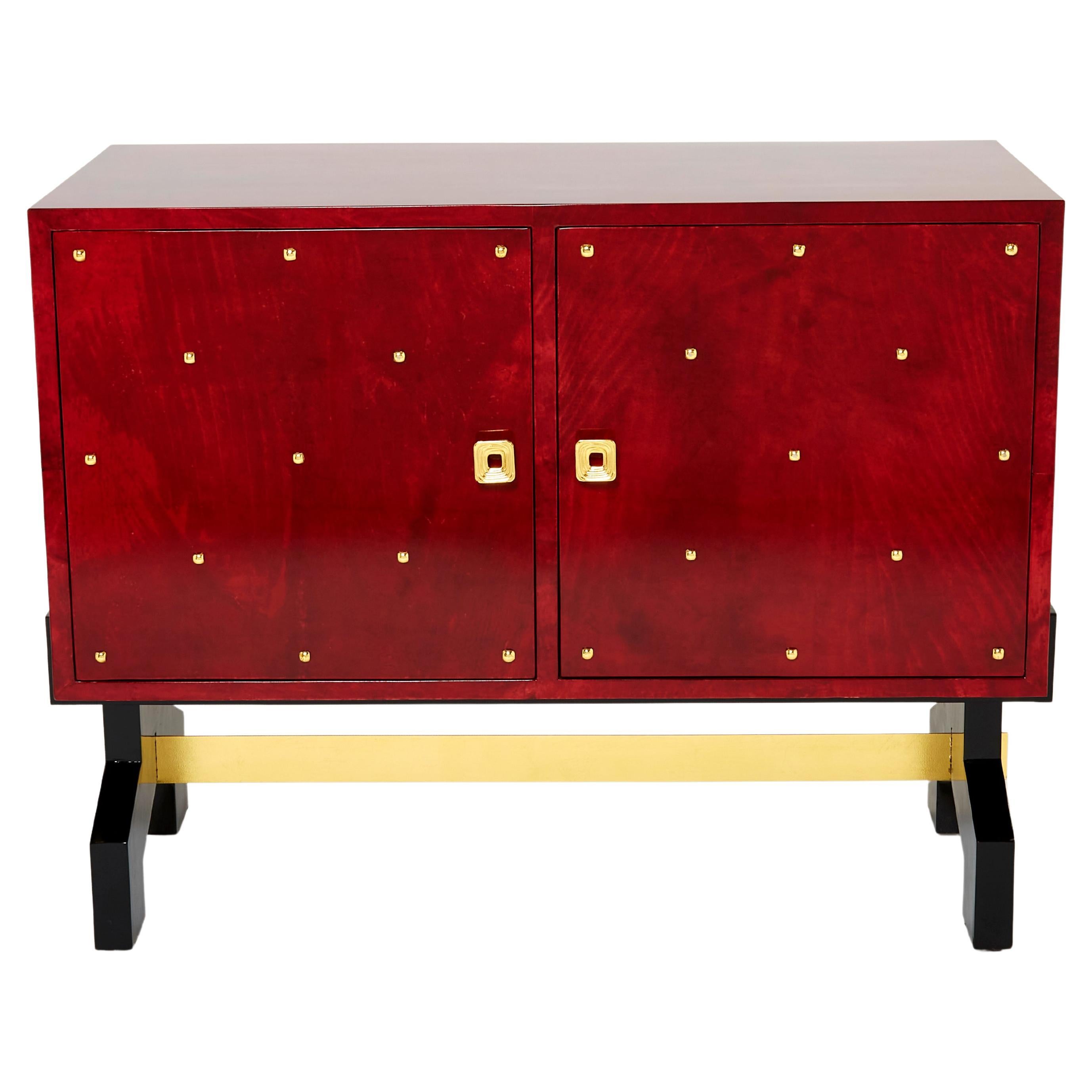 Aldo Tura Red Goatskin Parchment Brass Cabinet Bar, 1960s For Sale