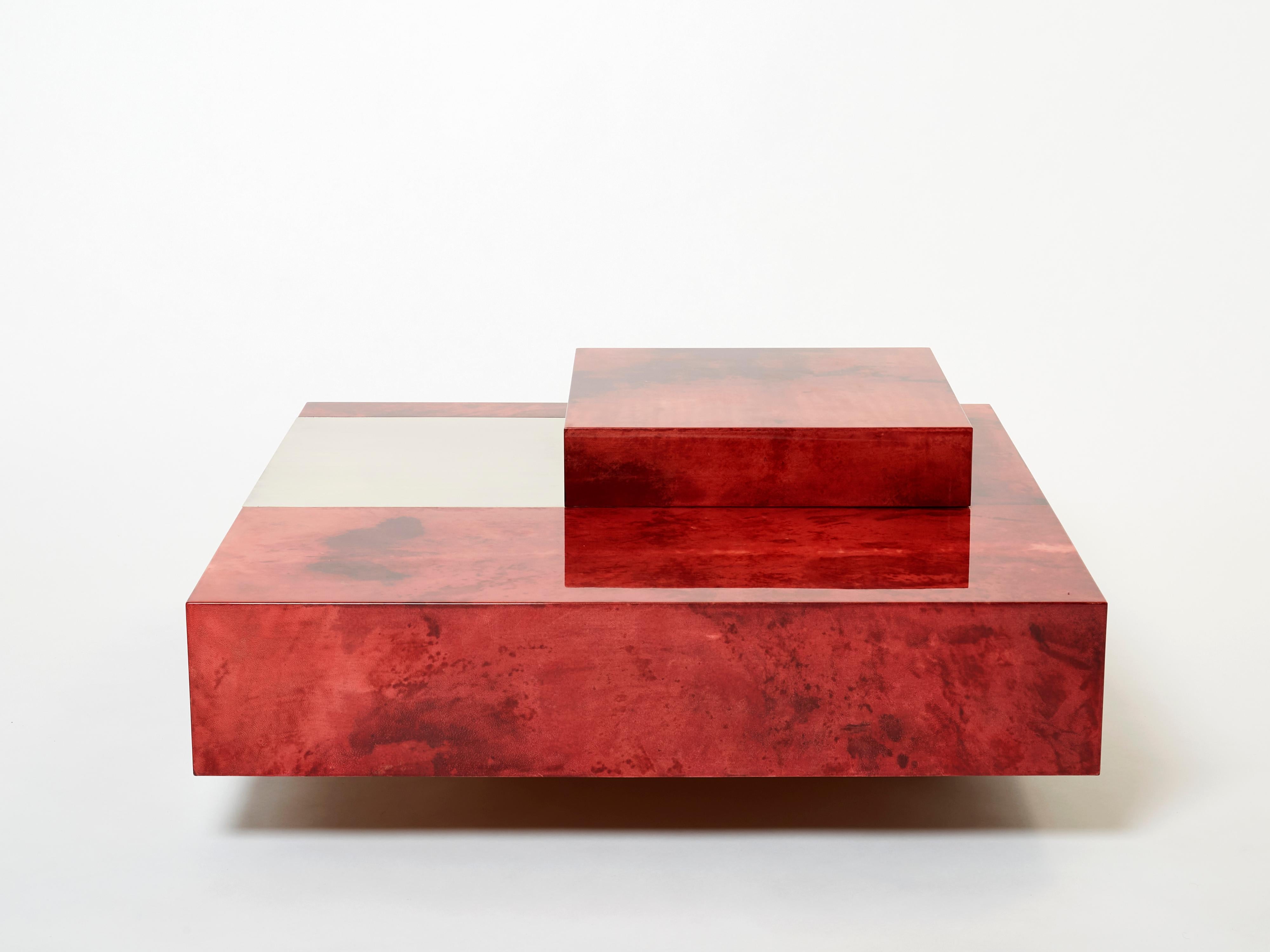 Aldo Tura Red Goatskin Parchment Steel Bar Coffee Table, 1960 For Sale 5
