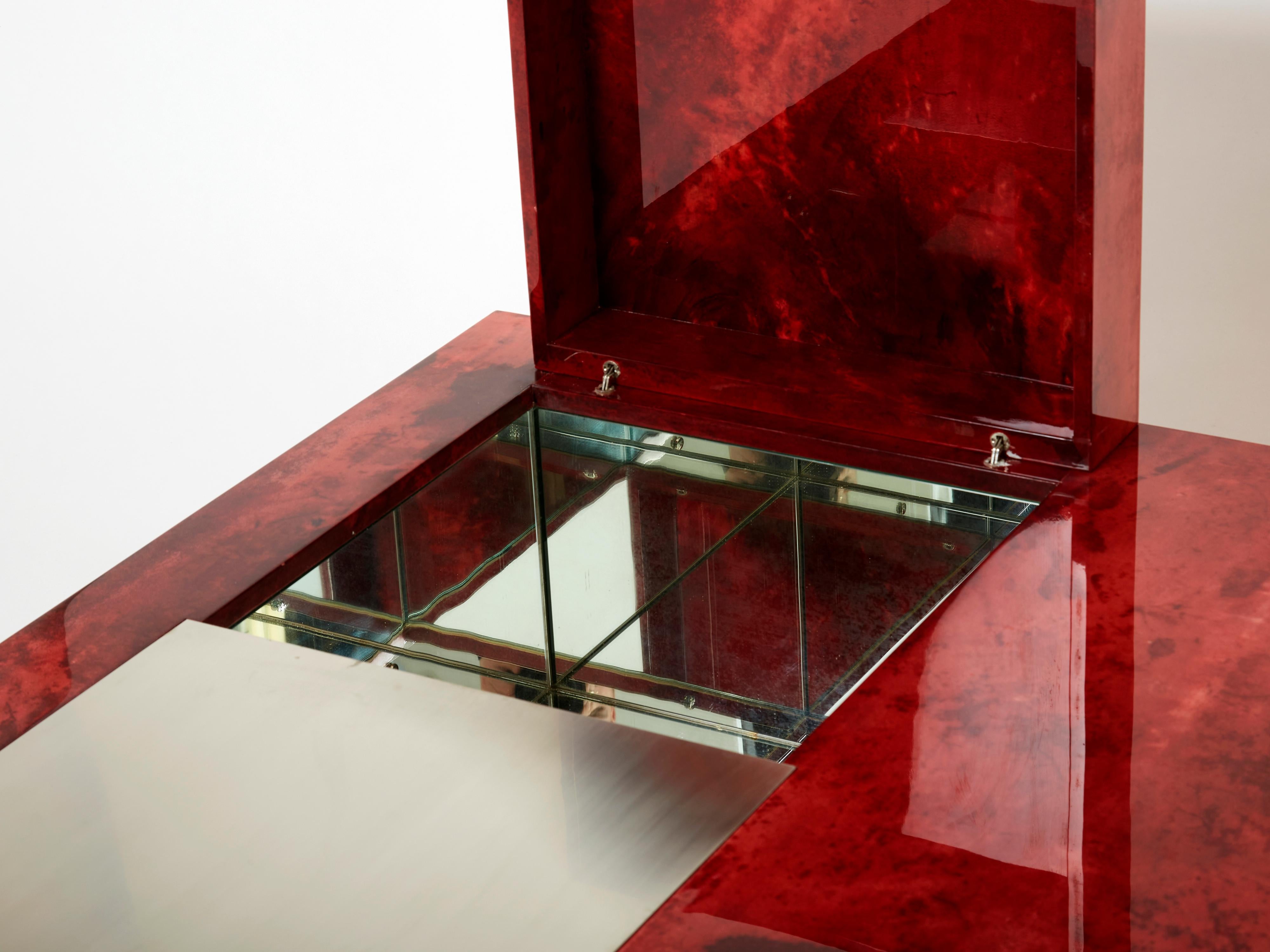 Aldo Tura Red Goatskin Parchment Steel Bar Coffee Table, 1960 In Good Condition For Sale In Paris, IDF