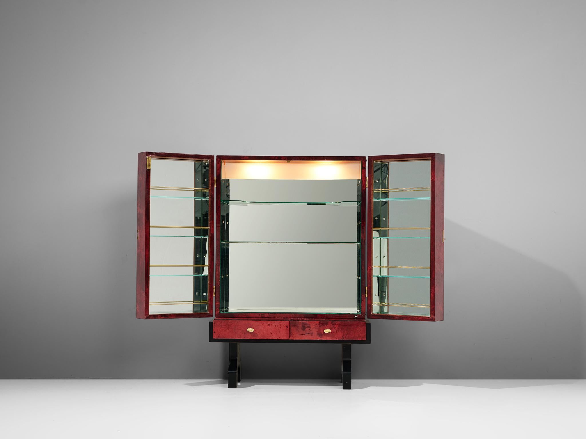 Glass Aldo Tura Red Lacquered Goatskin Parchment Dry Bar