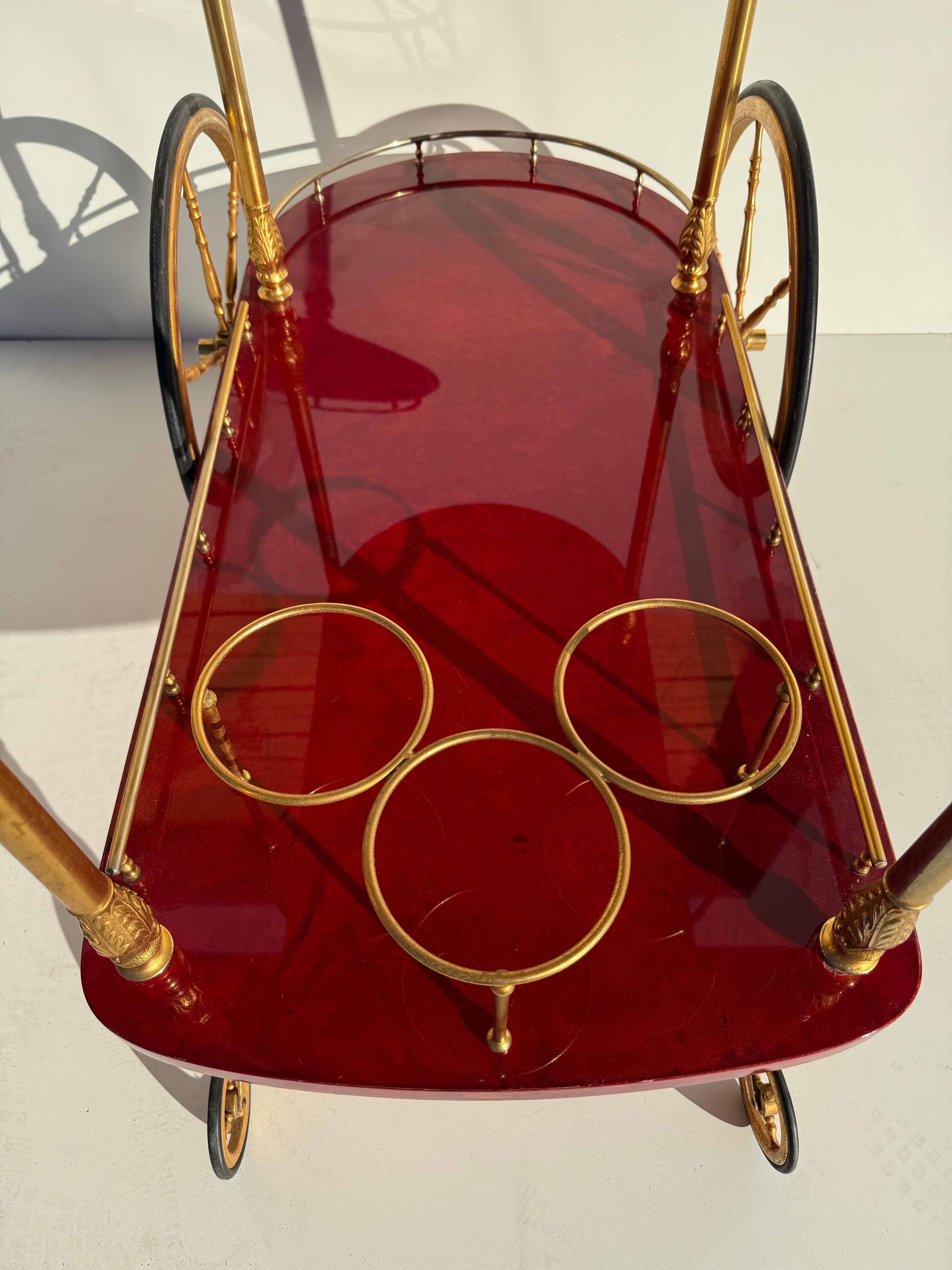 Aldo Tura Red Parchment Bar Cart For Sale 5