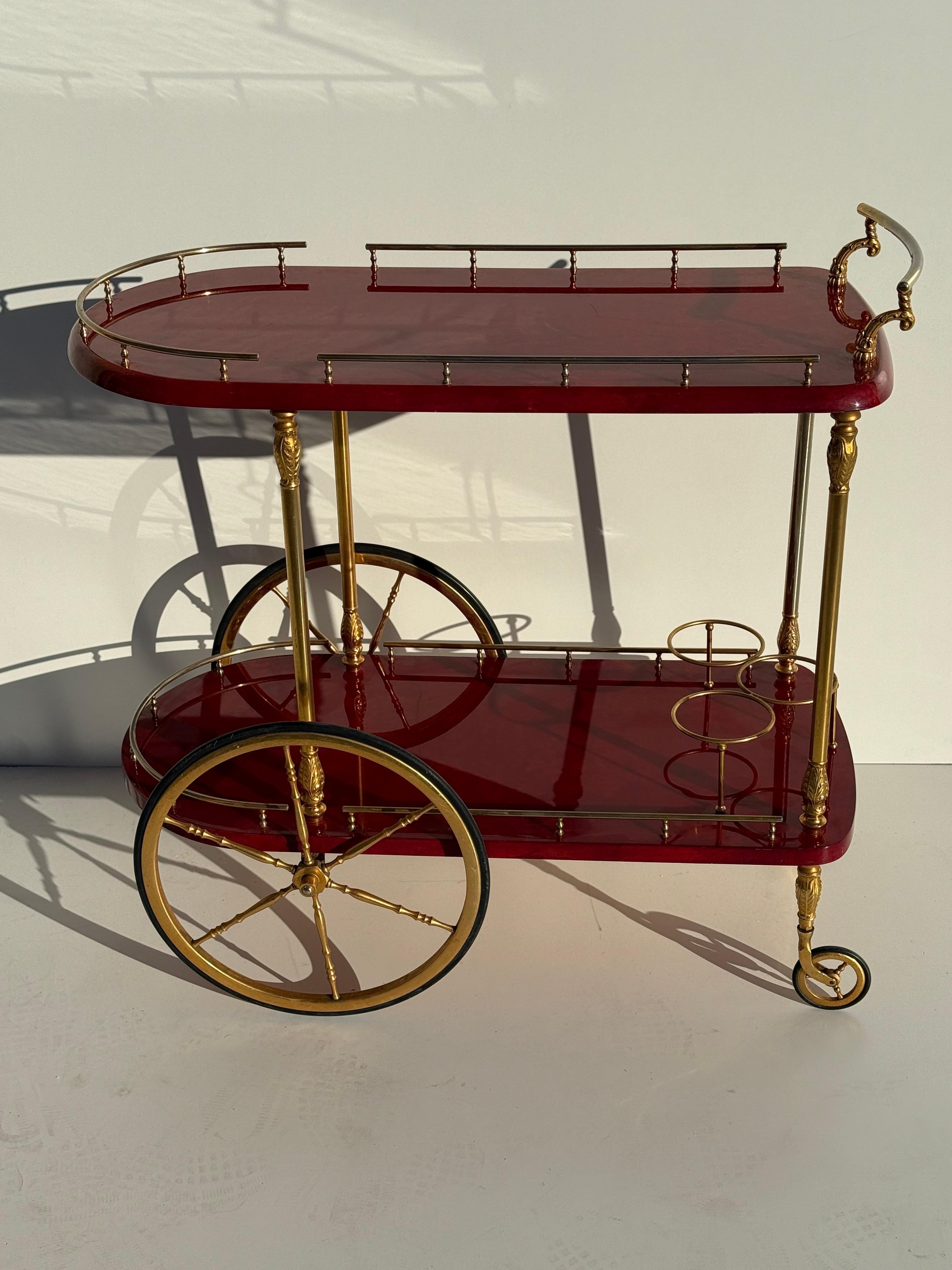 Mid-Century Modern Aldo Tura Red Parchment Bar Cart For Sale