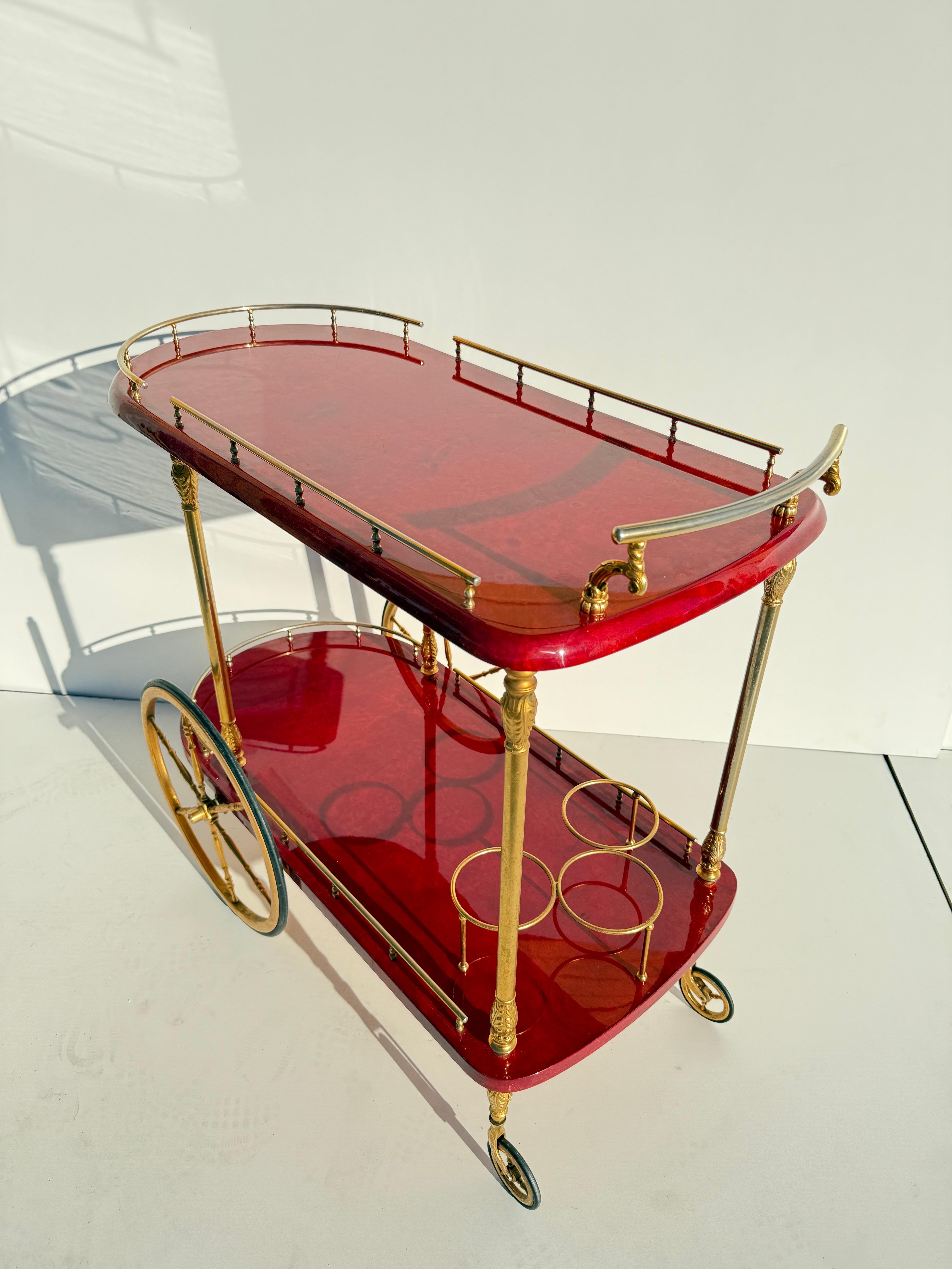 Italian Aldo Tura Red Parchment Bar Cart For Sale