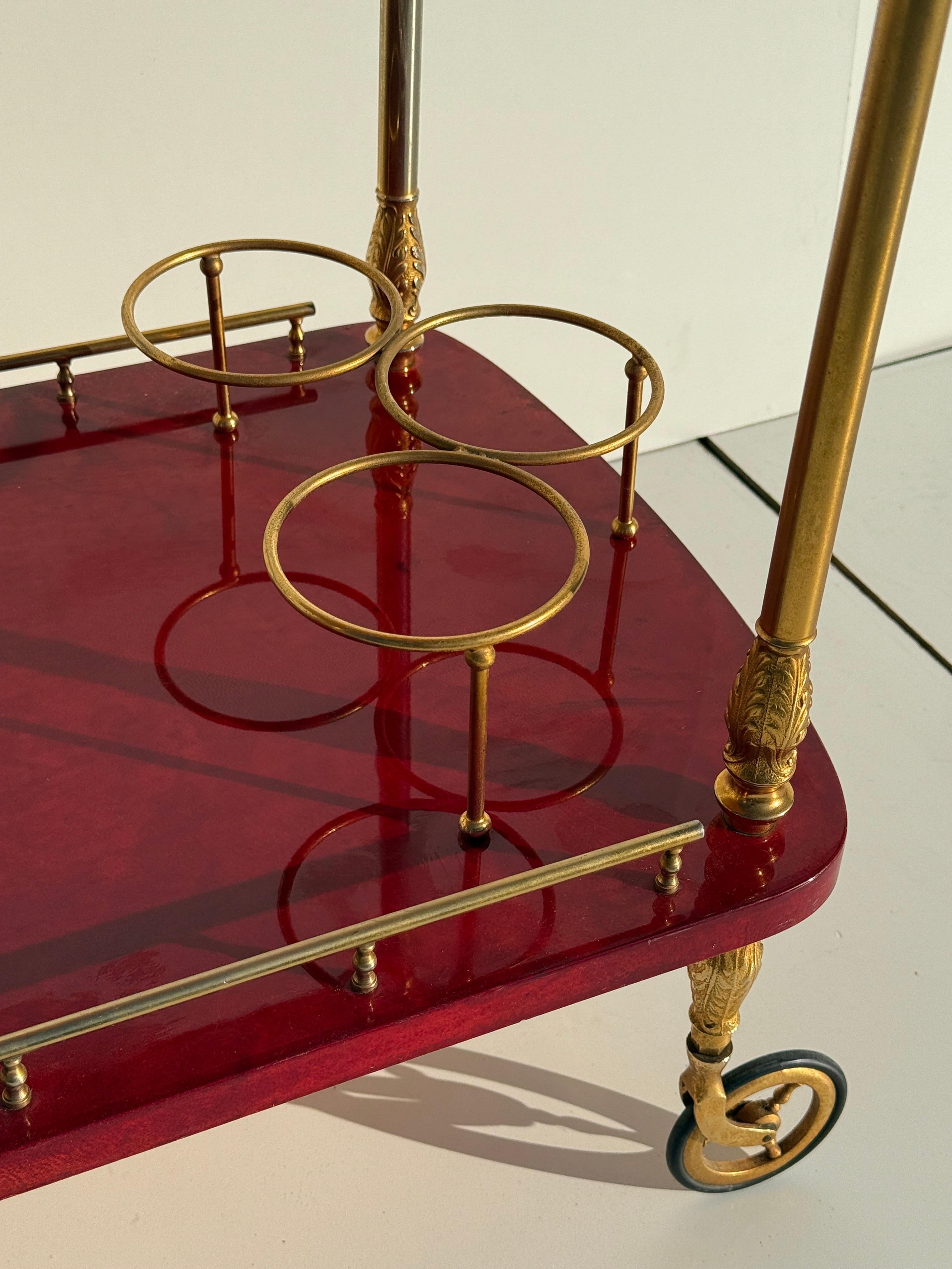 Late 20th Century Aldo Tura Red Parchment Bar Cart For Sale