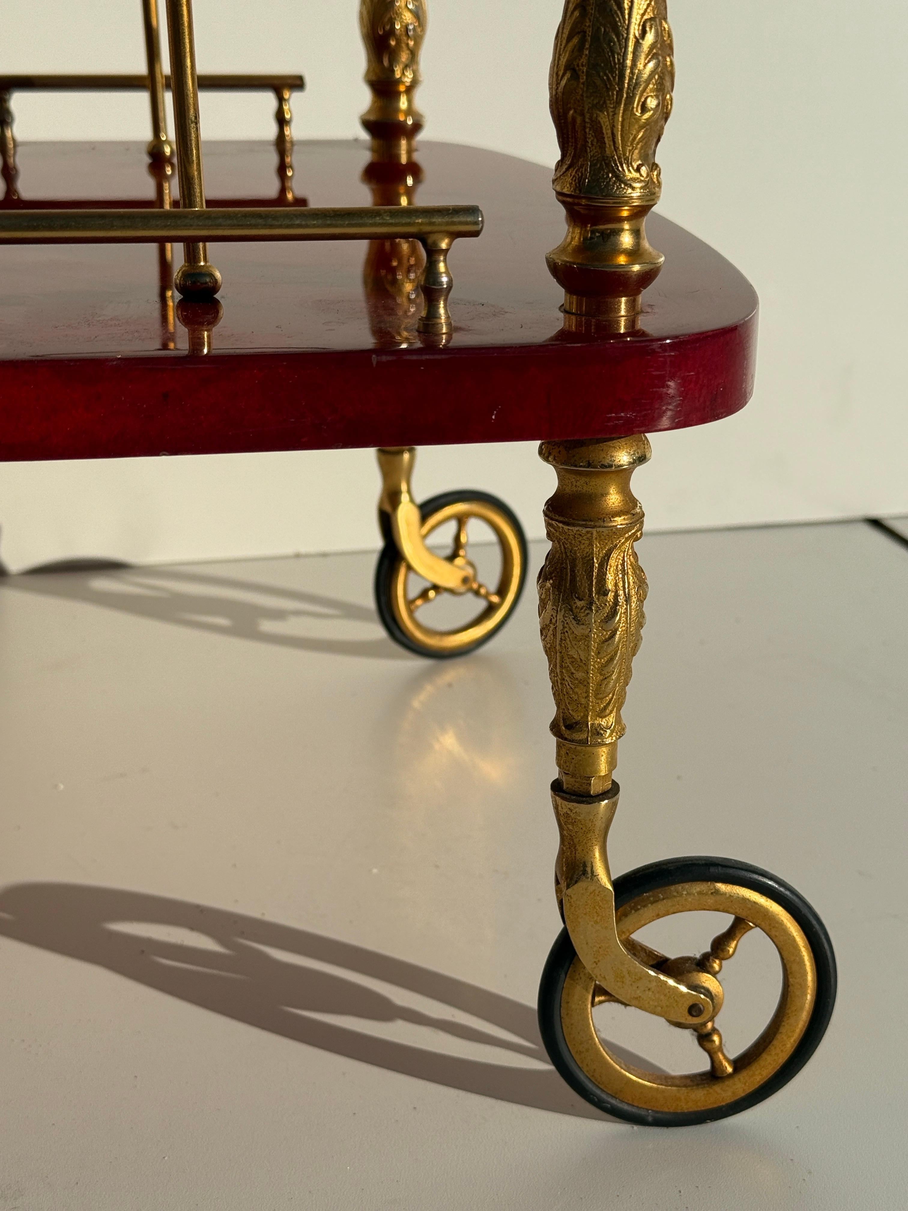 Brass Aldo Tura Red Parchment Bar Cart For Sale