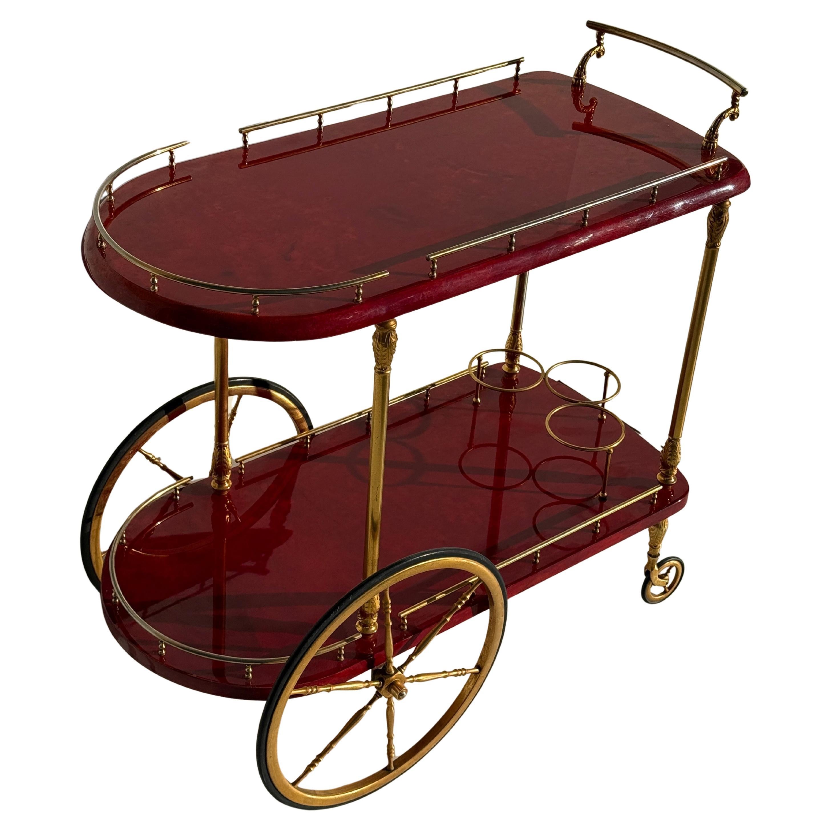 Aldo Tura Red Parchment Bar Cart