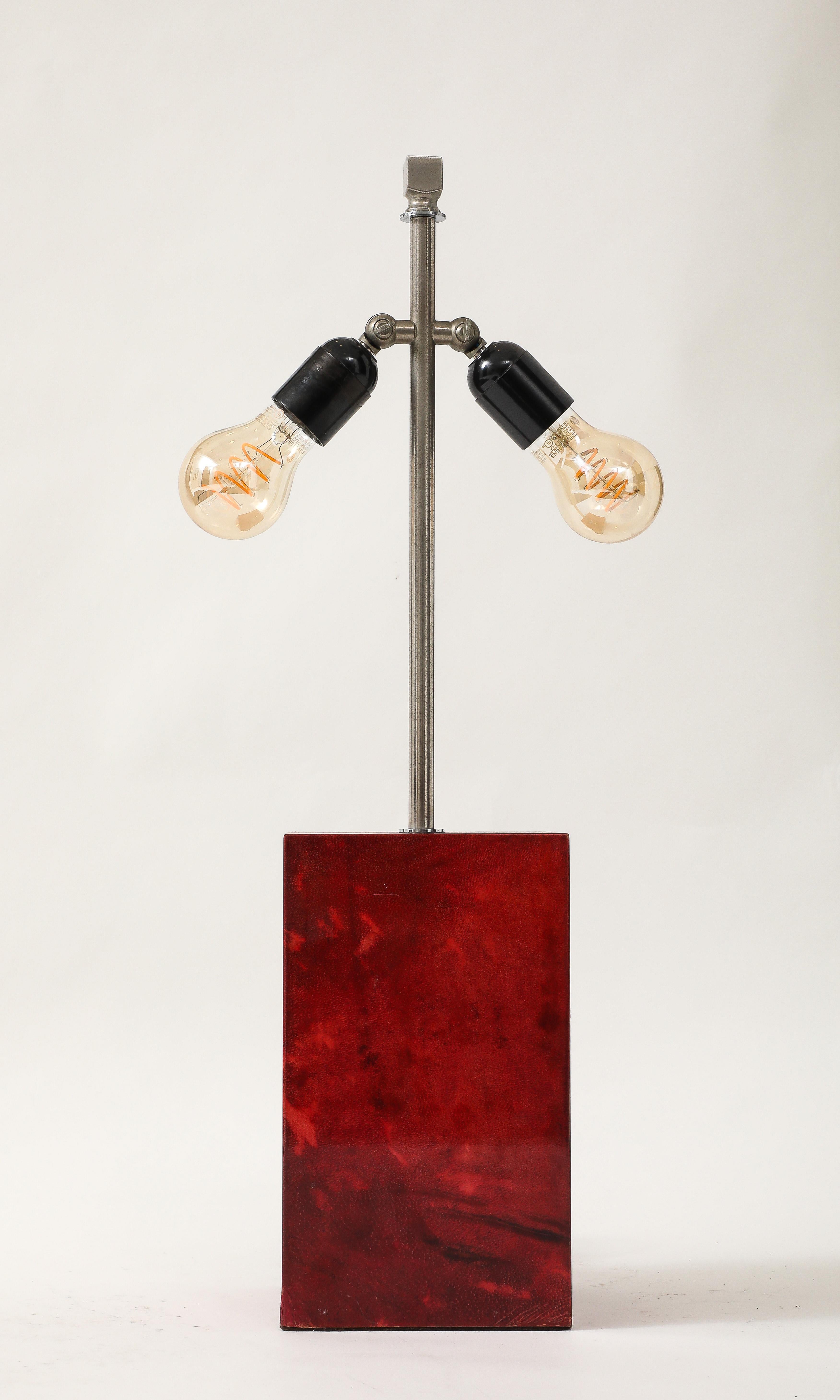 Mid-Century Modern Aldo Tura Red Parchment & Nickel Table Lamp, Italy, 1950's, signed For Sale
