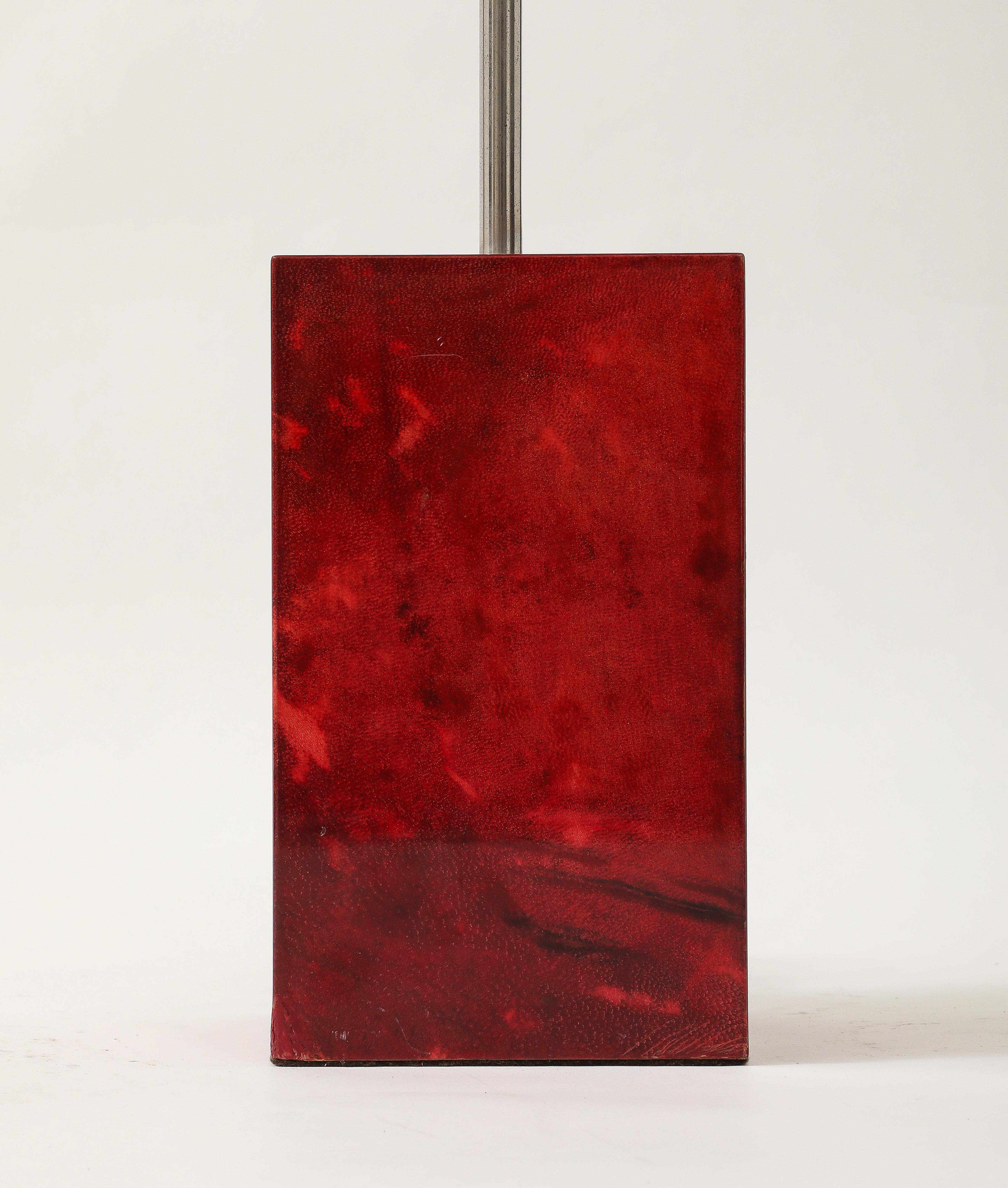 Italian Aldo Tura Red Parchment & Nickel Table Lamp, Italy, 1950's, signed For Sale