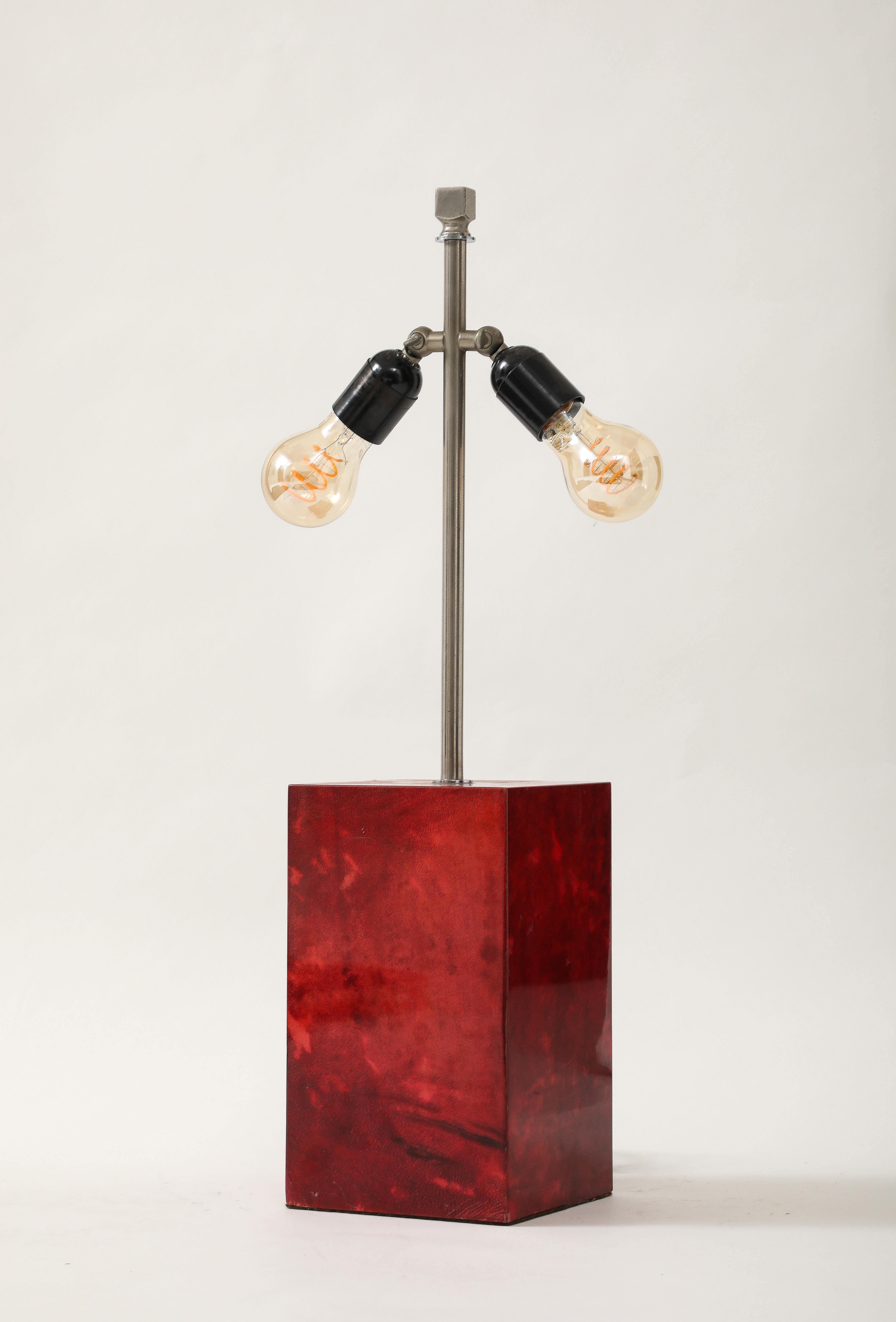 Aldo Tura Red Parchment & Nickel Table Lamp, Italy, 1950's, signed In Good Condition For Sale In Brooklyn, NY
