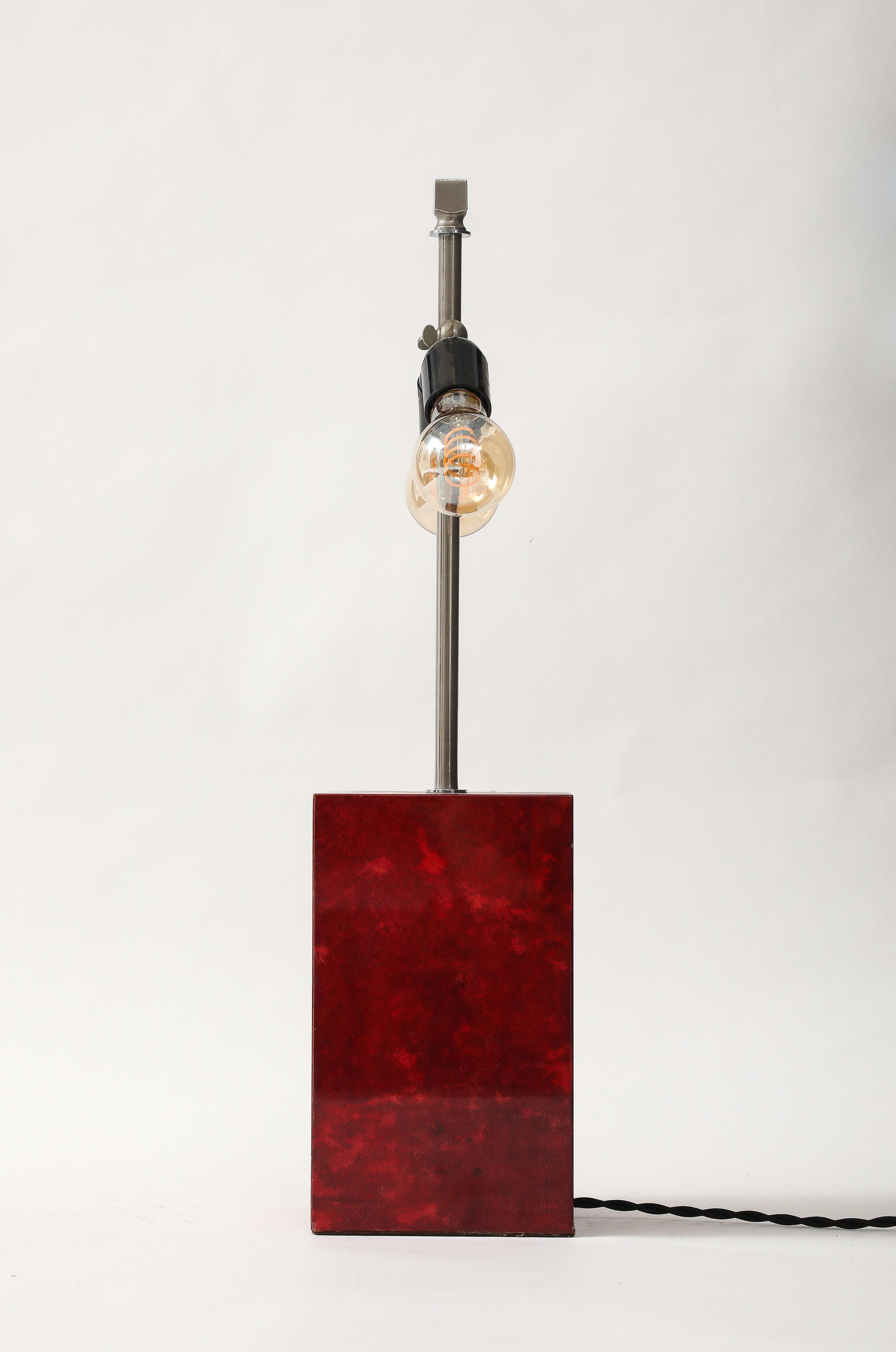 Mid-20th Century Aldo Tura Red Parchment & Nickel Table Lamp, Italy, 1950's, signed For Sale