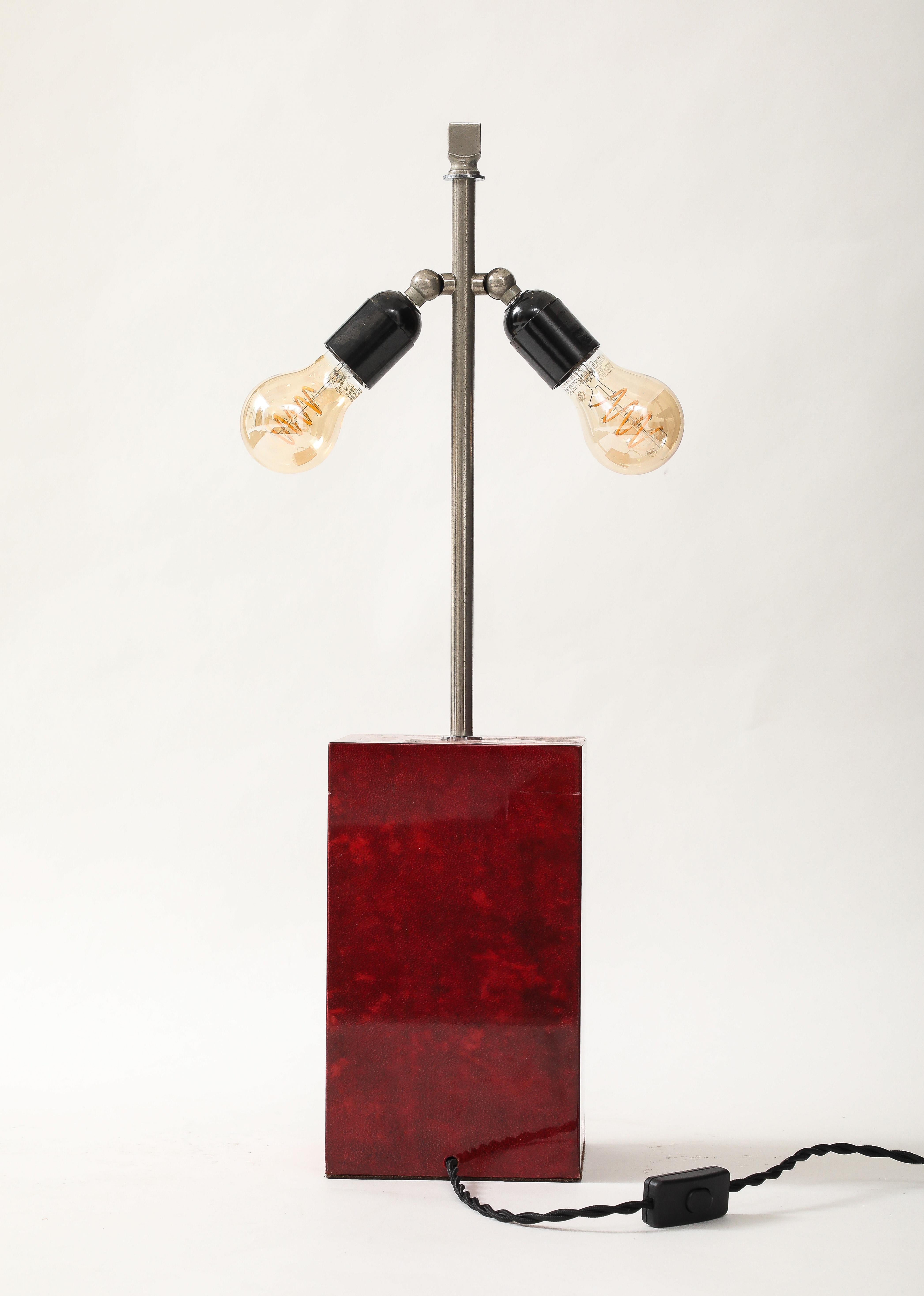 Goatskin Aldo Tura Red Parchment & Nickel Table Lamp, Italy, 1950's, signed For Sale