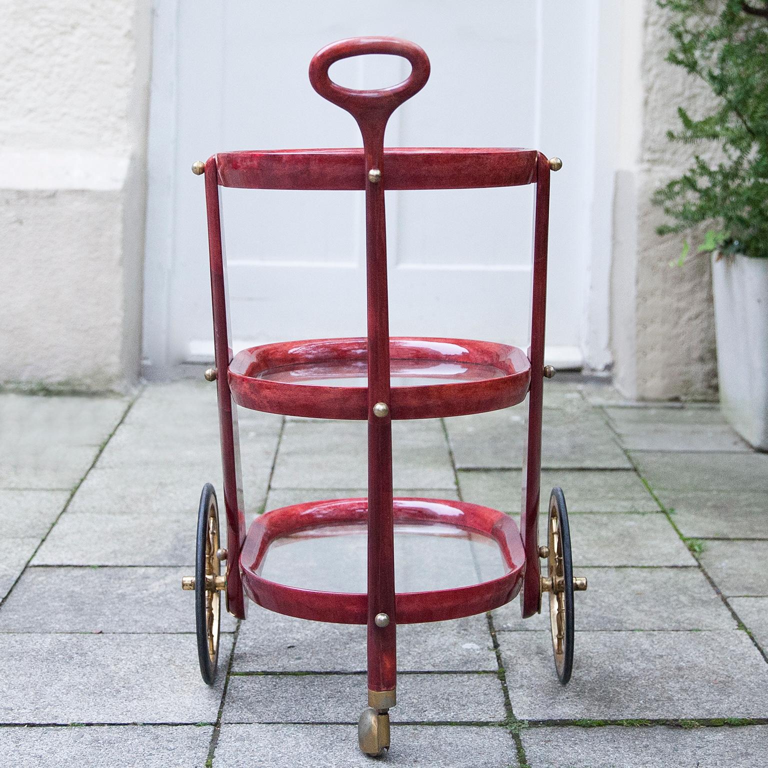 Hollywood Regency Aldo Tura Red Parchment Three Story Bar Cart