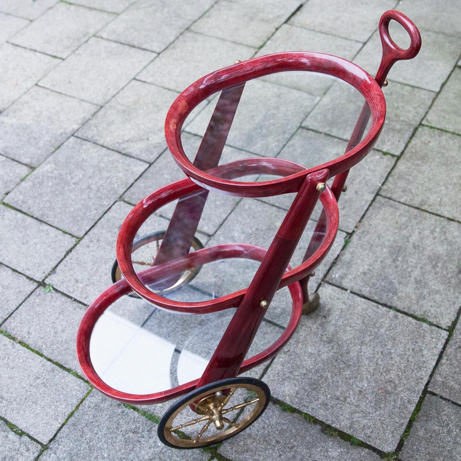 Italian Aldo Tura Red Parchment Three Story Bar Cart