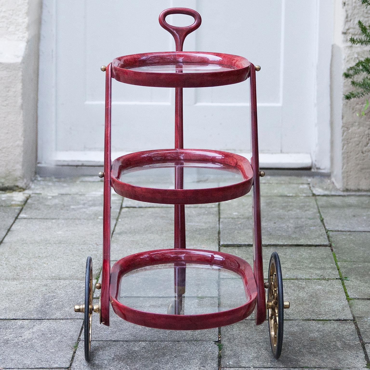 Brass Aldo Tura Red Parchment Three Story Bar Cart