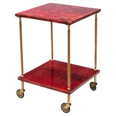 Chariot de bar carré en peau de chèvre rouge Aldo Tura, Italie, années 1960