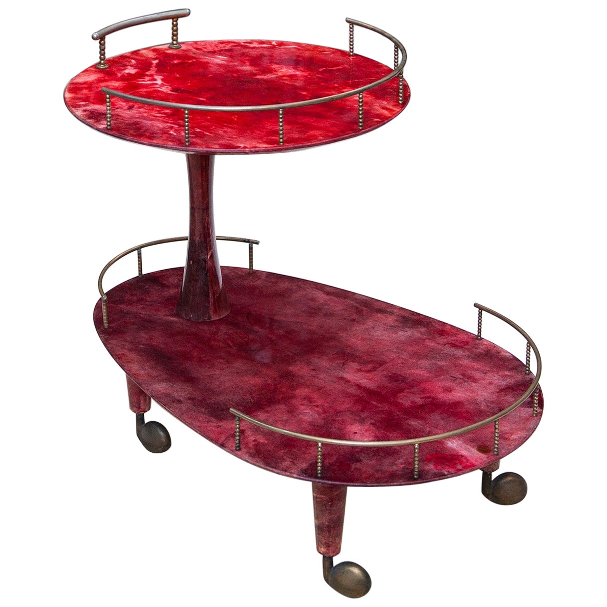 Aldo Tura Red Two Tiers Goatskin Bar Cart Italy 1960s