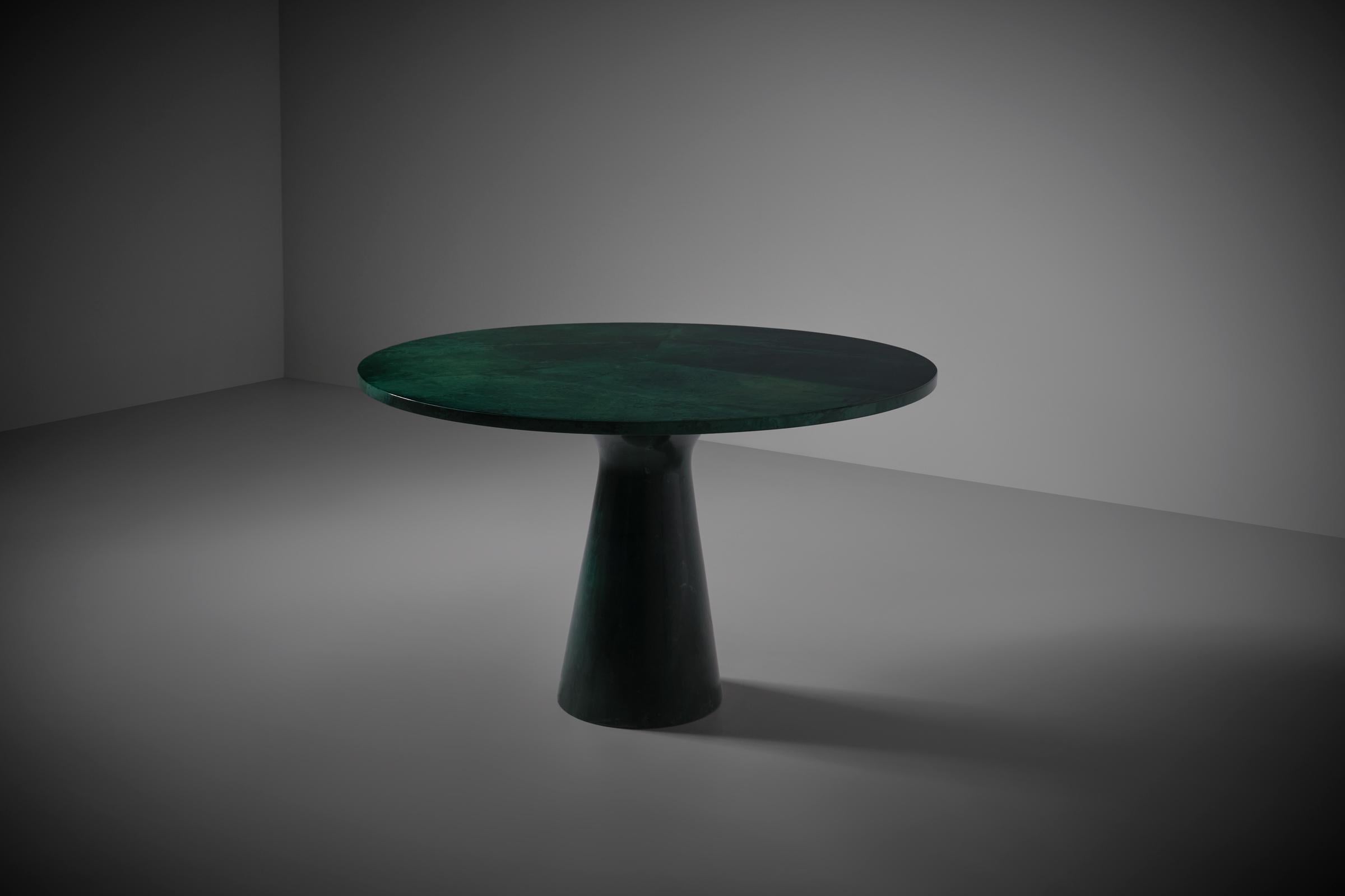 Round Green Pedestal dining table by Aldo Tura (1909-1963) and Giorgio Tura, Italy ca. 1965. Aldo Tura created outspoken designs inspired by Art Deco designs and was not afraid to use playful objects as inspiration. He mainly used colored parchment,