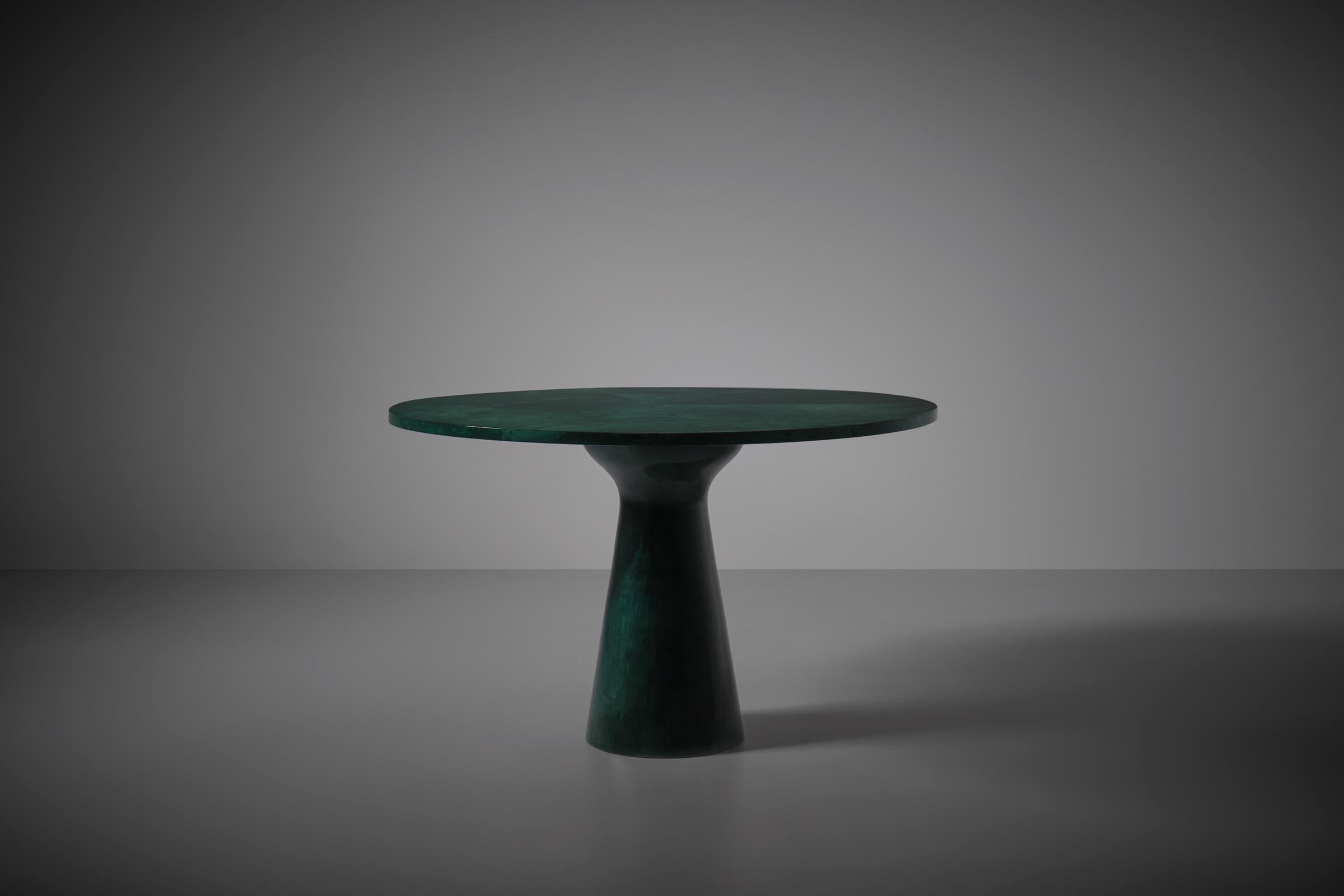 Lacquered Aldo Tura Round Green Pedestal dining table, Italy ca. 1965