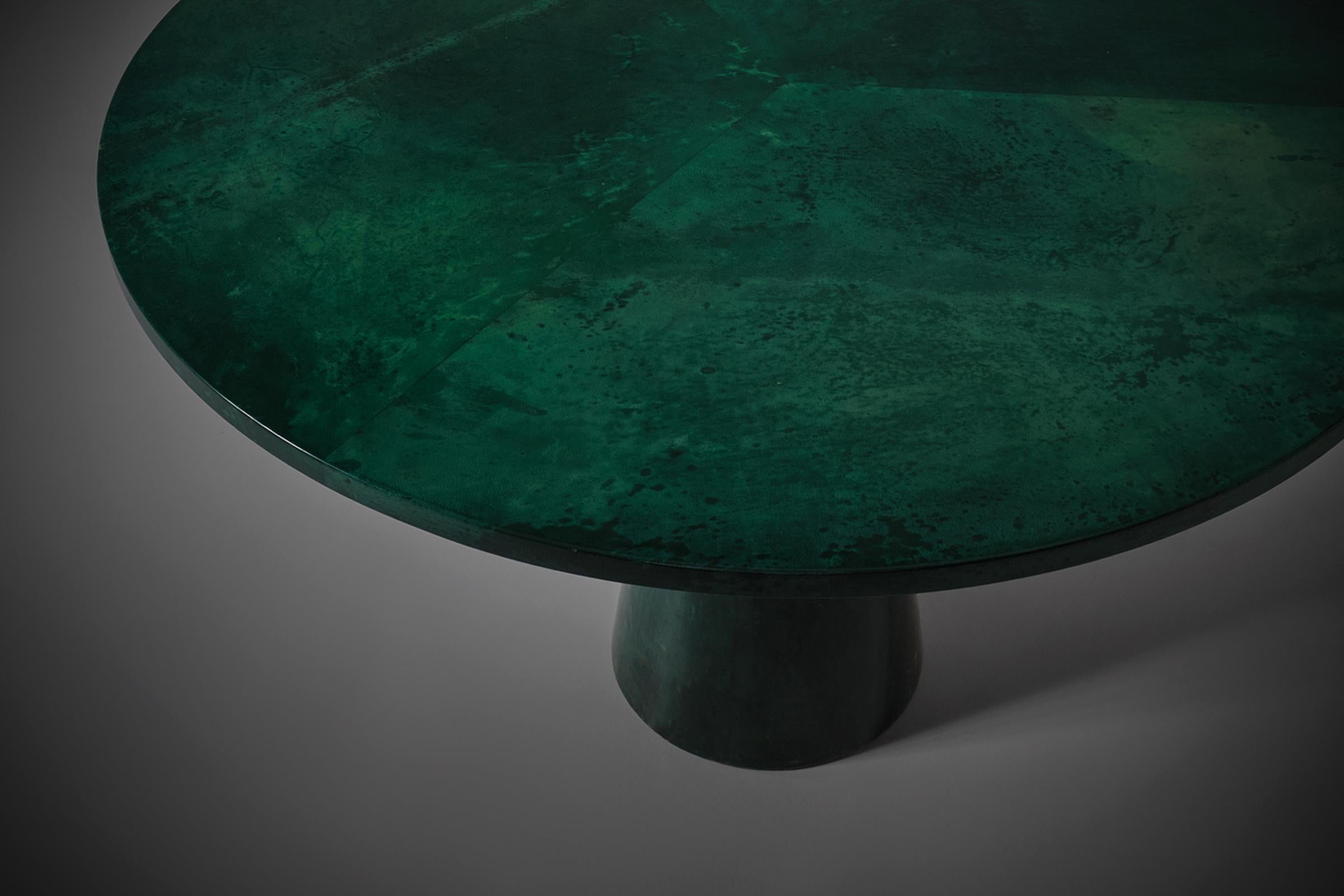 Goatskin Aldo Tura Round Green Pedestal dining table, Italy ca. 1965